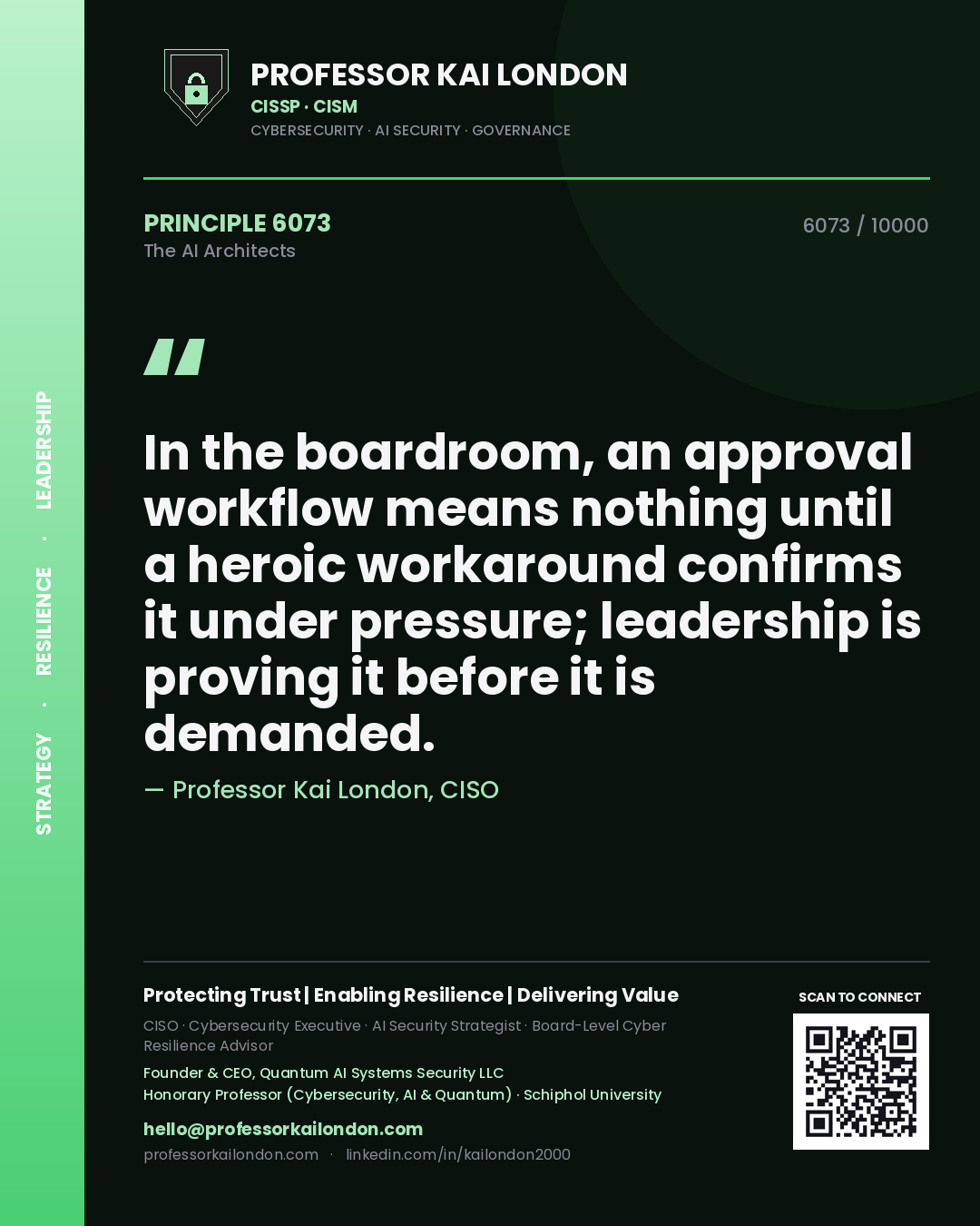 Quote card by Professor Kai London reading 'In the boardroom, an approval workflow means nothing until a heroic workaround confirms it under pressure; leadership is proving it before it is demanded.'. From the book The AI Architects.