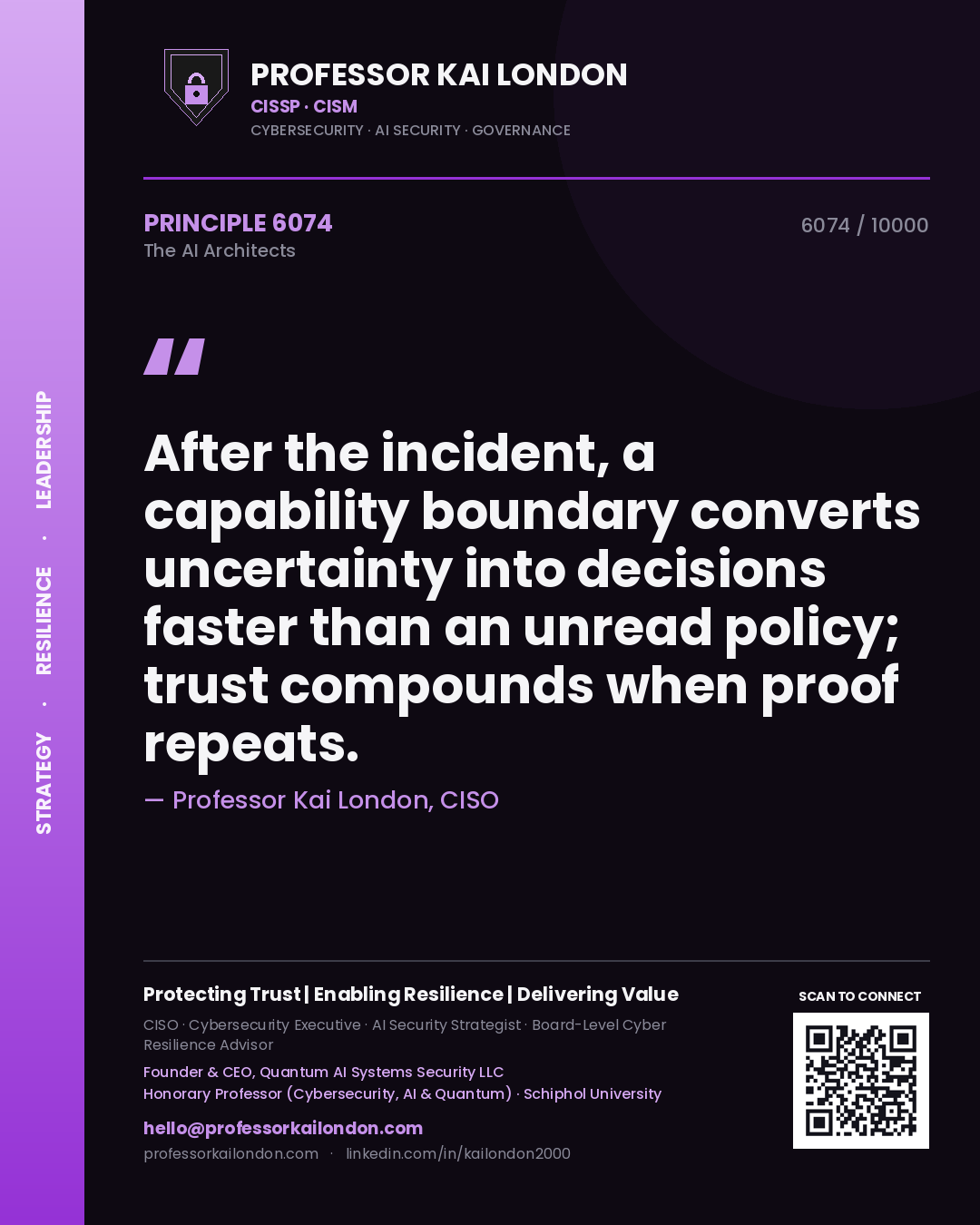 Quote card by Professor Kai London reading 'After the incident, a capability boundary converts uncertainty into decisions faster than an unread policy; trust compounds when proof repeats.'. From the book The AI Architects.