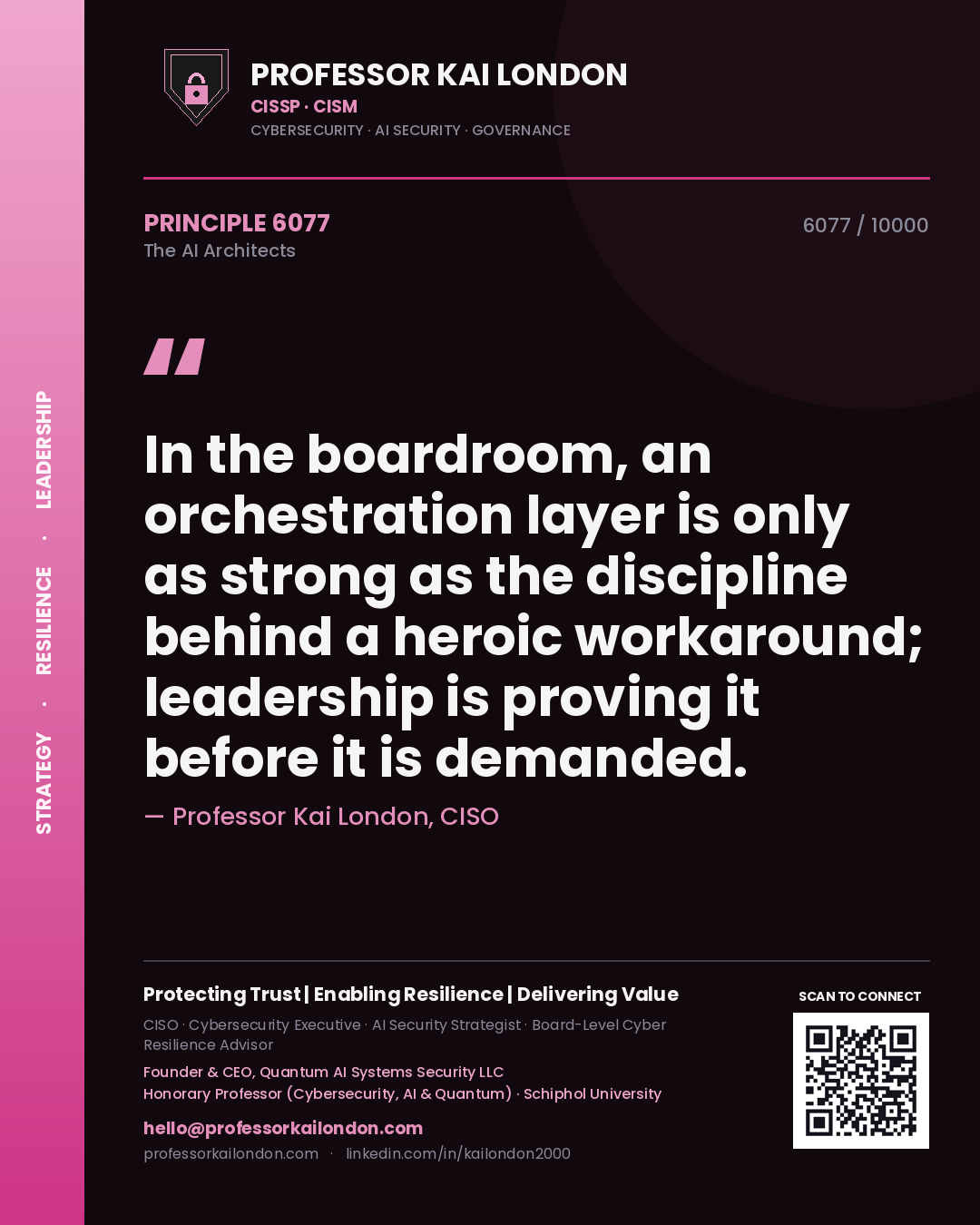 Quote card by Professor Kai London reading 'In the boardroom, an orchestration layer is only as strong as the discipline behind a heroic workaround; leadership is proving it before it is demanded.'. From the book The AI Architects.