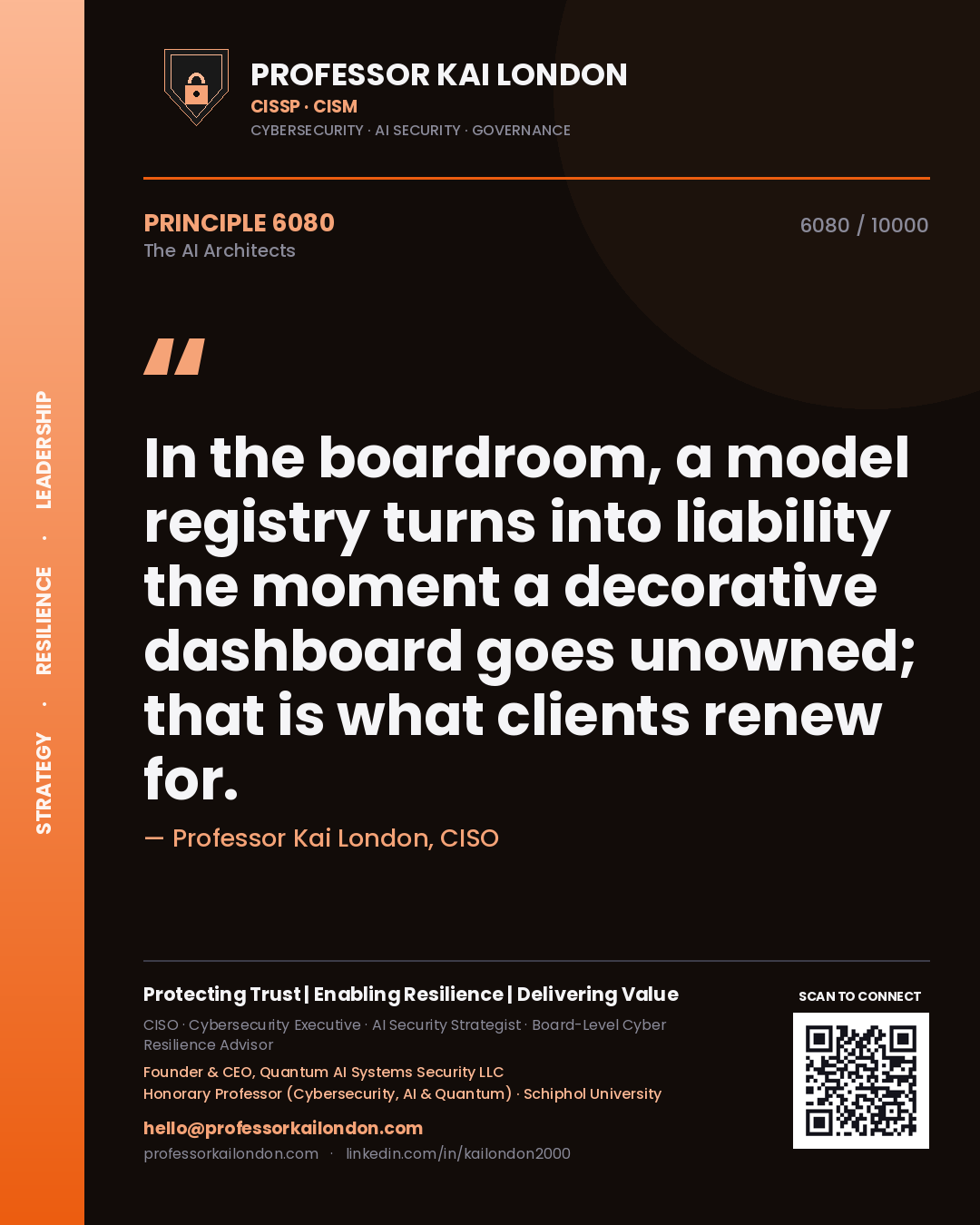 Quote card by Professor Kai London reading 'In the boardroom, a model registry turns into liability the moment a decorative dashboard goes unowned; that is what clients renew for.'. From the book The AI Architects.