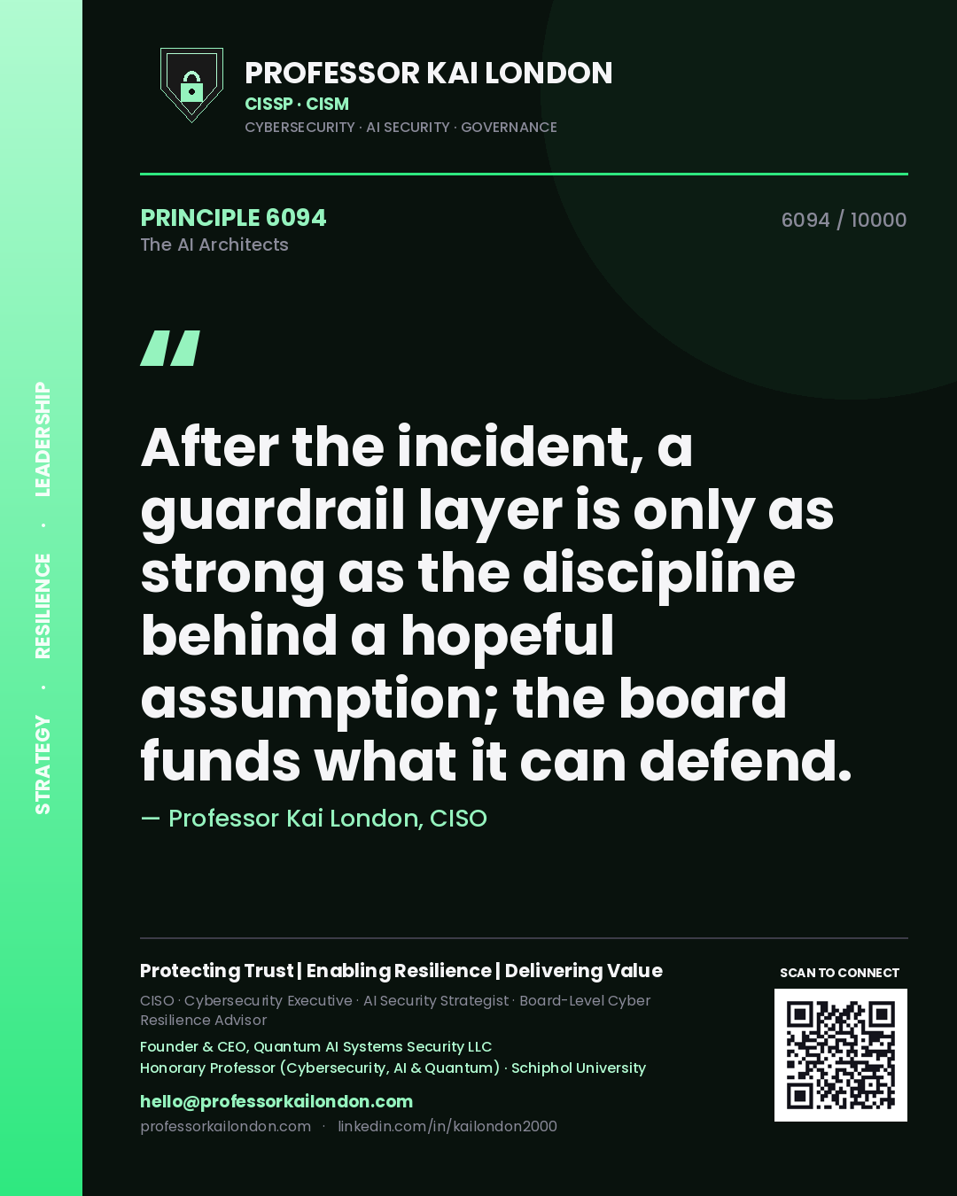 Quote card by Professor Kai London reading 'After the incident, a guardrail layer is only as strong as the discipline behind a hopeful assumption; the board funds what it can defend.'. From the book The AI Architects.
