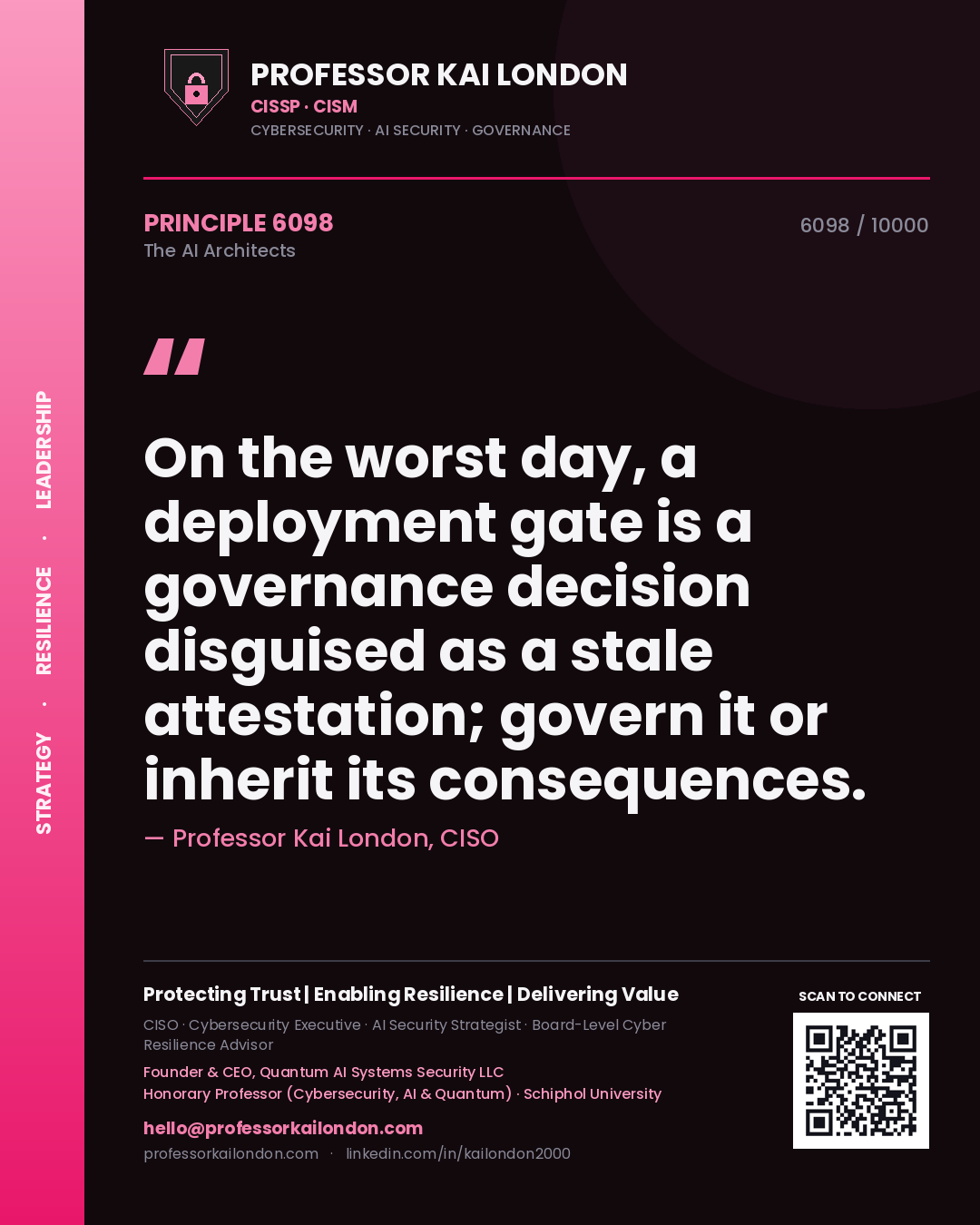 Quote card by Professor Kai London reading 'On the worst day, a deployment gate is a governance decision disguised as a stale attestation; govern it or inherit its consequences.'. From the book The AI Architects.