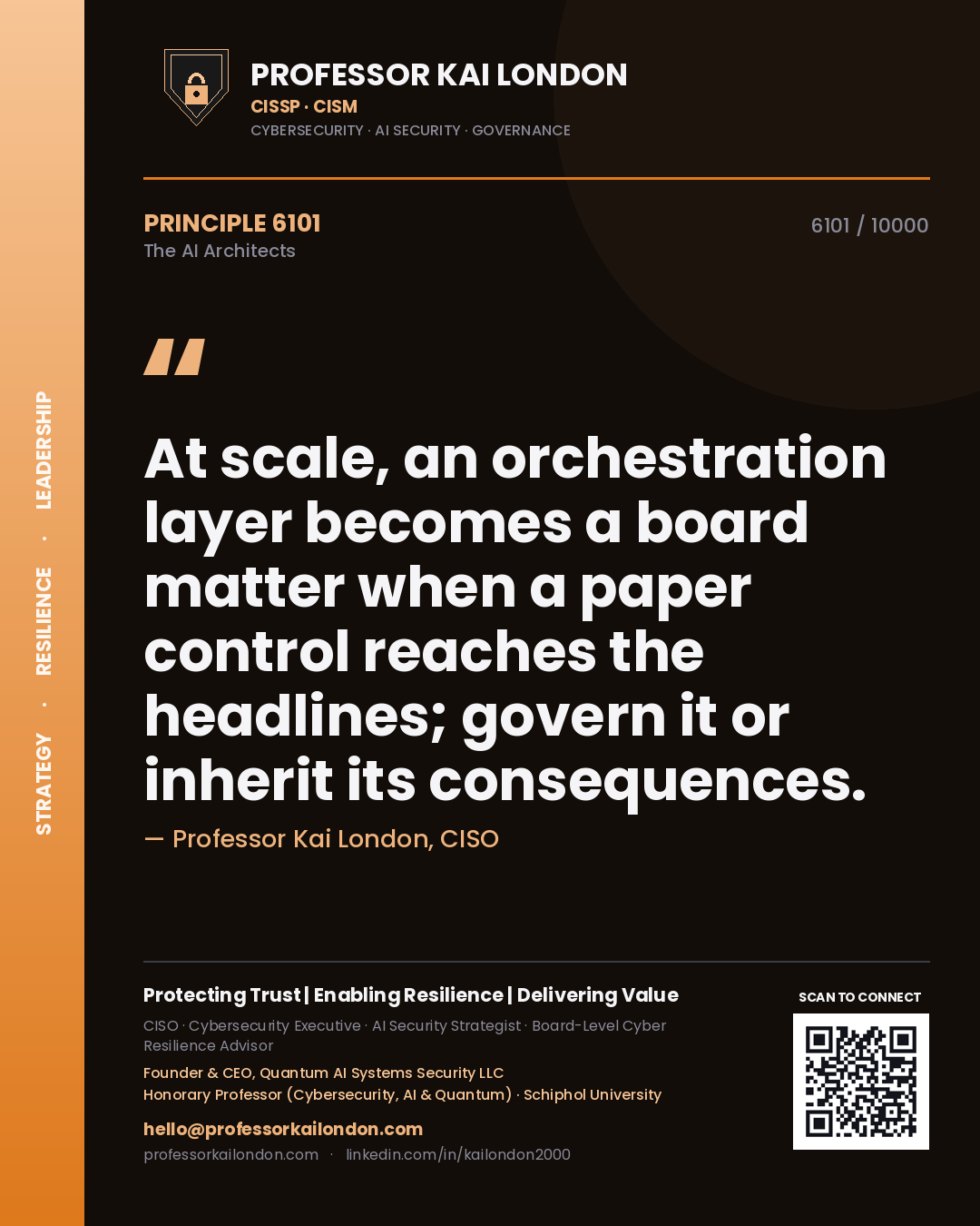 Quote card by Professor Kai London reading 'At scale, an orchestration layer becomes a board matter when a paper control reaches the headlines; govern it or inherit its consequences.'. From the book The AI Architects.