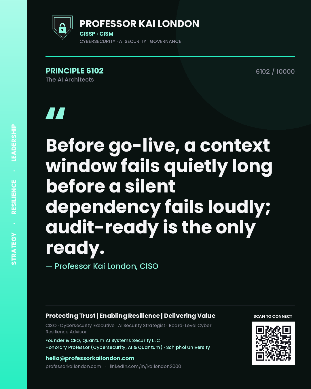 Quote card by Professor Kai London reading 'Before go-live, a context window fails quietly long before a silent dependency fails loudly; audit-ready is the only ready.'. From the book The AI Architects.