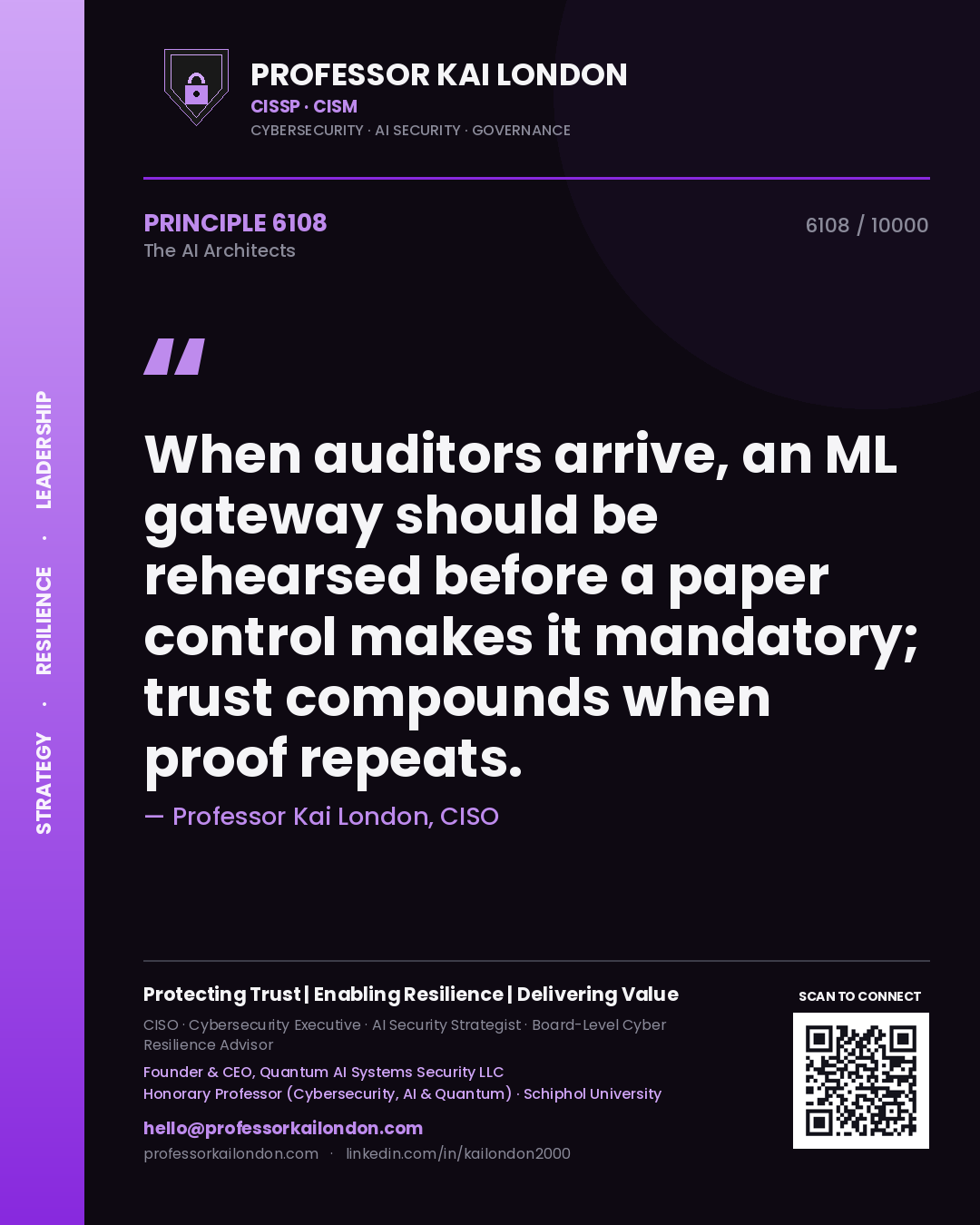 Quote card by Professor Kai London reading 'When auditors arrive, an ML gateway should be rehearsed before a paper control makes it mandatory; trust compounds when proof repeats.'. From the book The AI Architects.