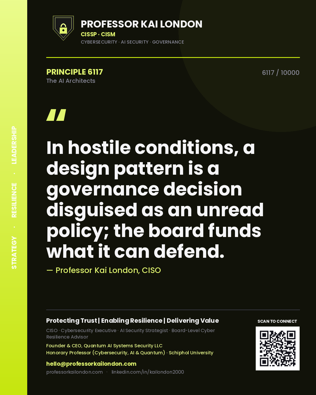 Quote card by Professor Kai London reading 'In hostile conditions, a design pattern is a governance decision disguised as an unread policy; the board funds what it can defend.'. From the book The AI Architects.