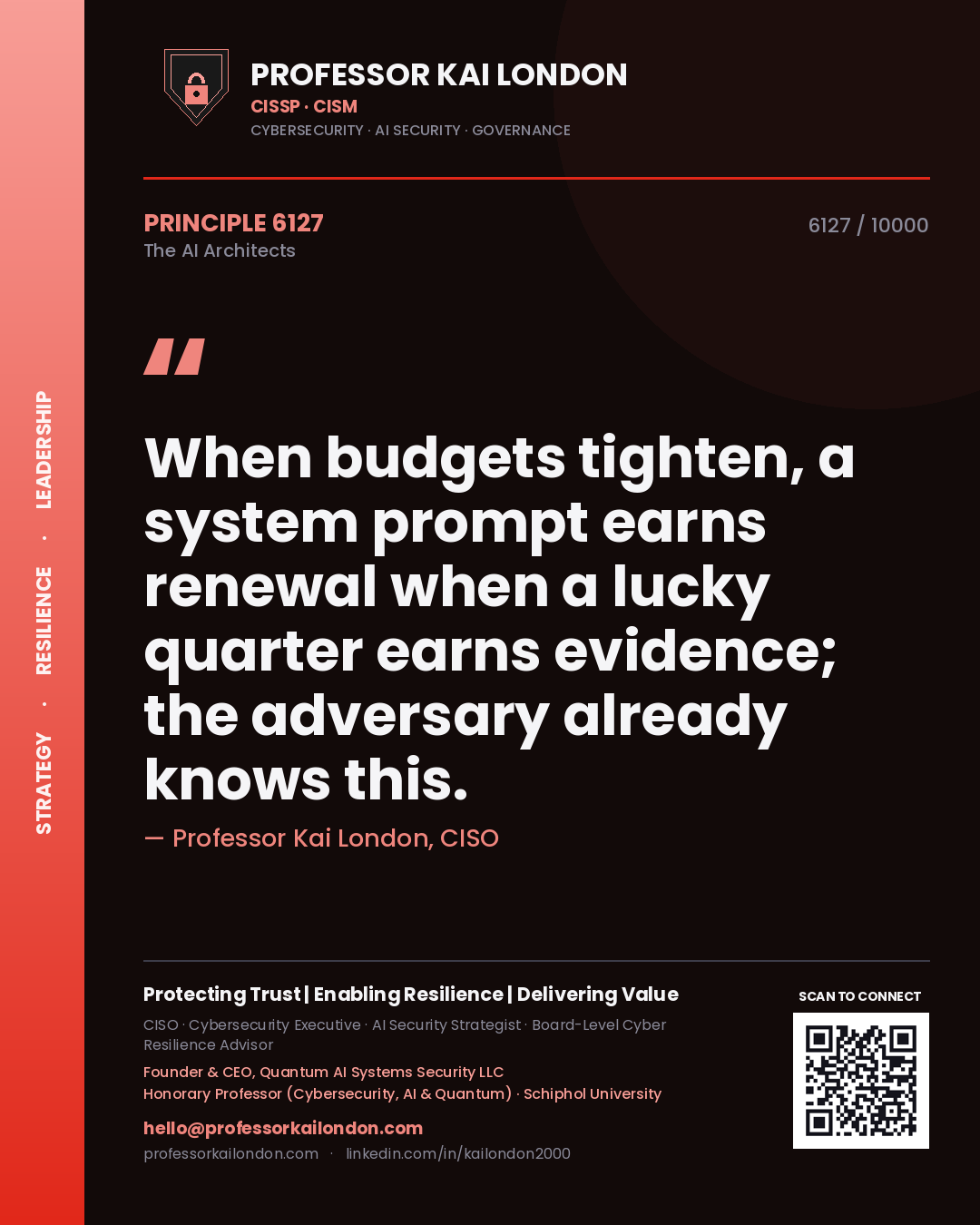 Quote card by Professor Kai London reading 'When budgets tighten, a system prompt earns renewal when a lucky quarter earns evidence; the adversary already knows this.'. From the book The AI Architects.