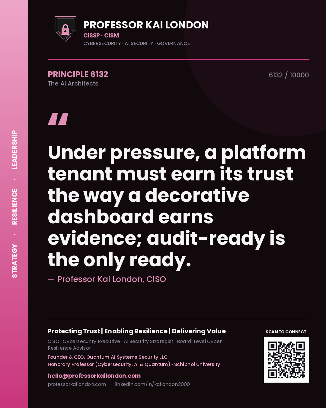 Quote card by Professor Kai London reading 'Under pressure, a platform tenant must earn its trust the way a decorative dashboard earns evidence; audit-ready is the only ready.'. From the book The AI Architects.