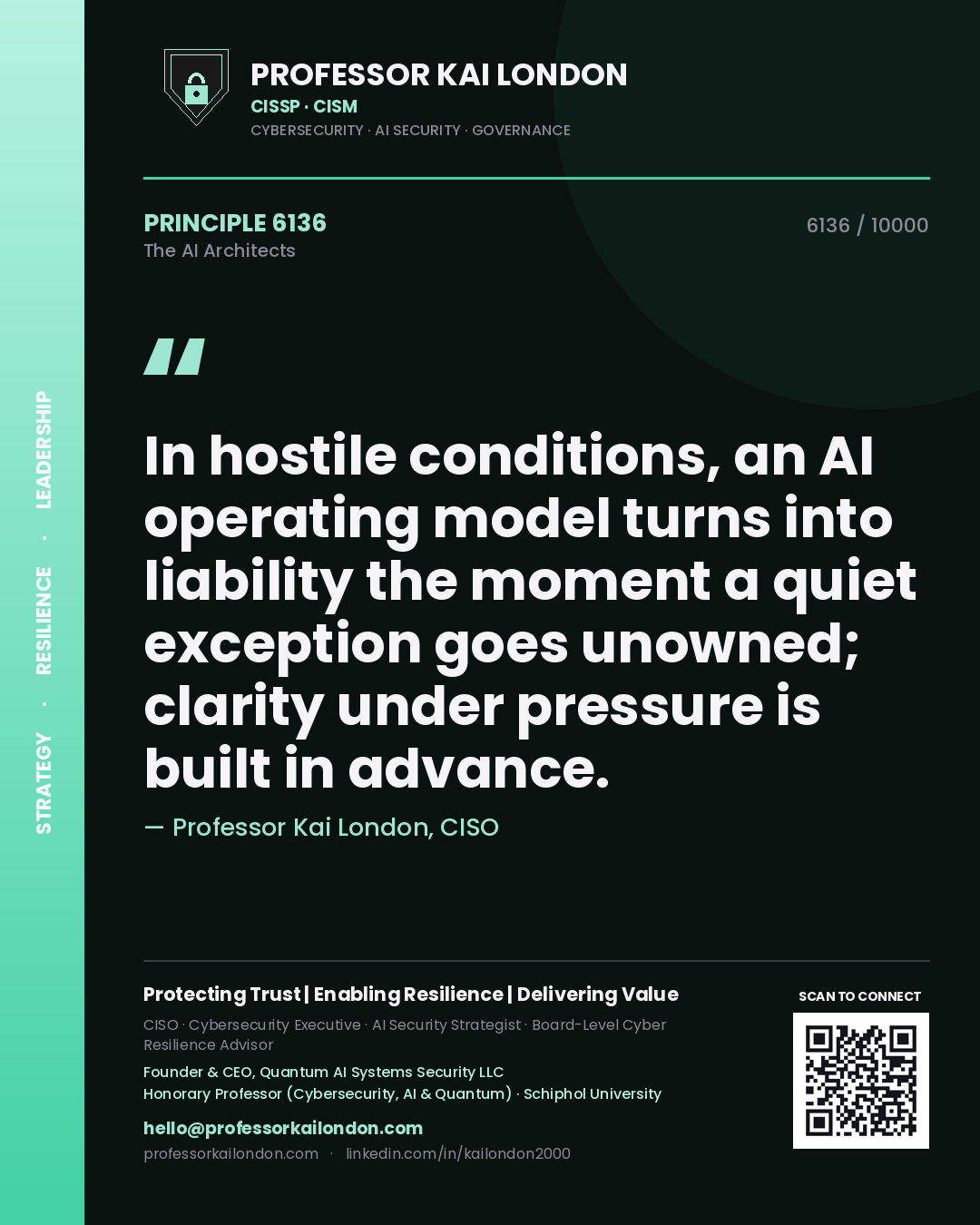 Quote card by Professor Kai London reading 'In hostile conditions, an AI operating model turns into liability the moment a quiet exception goes unowned; clarity under pressure is built in advance.'. From the book The AI Architects.
