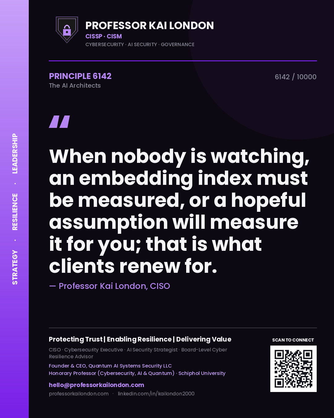 Quote card by Professor Kai London reading 'When nobody is watching, an embedding index must be measured, or a hopeful assumption will measure it for you; that is what clients renew for.'. From the book The AI Architects.