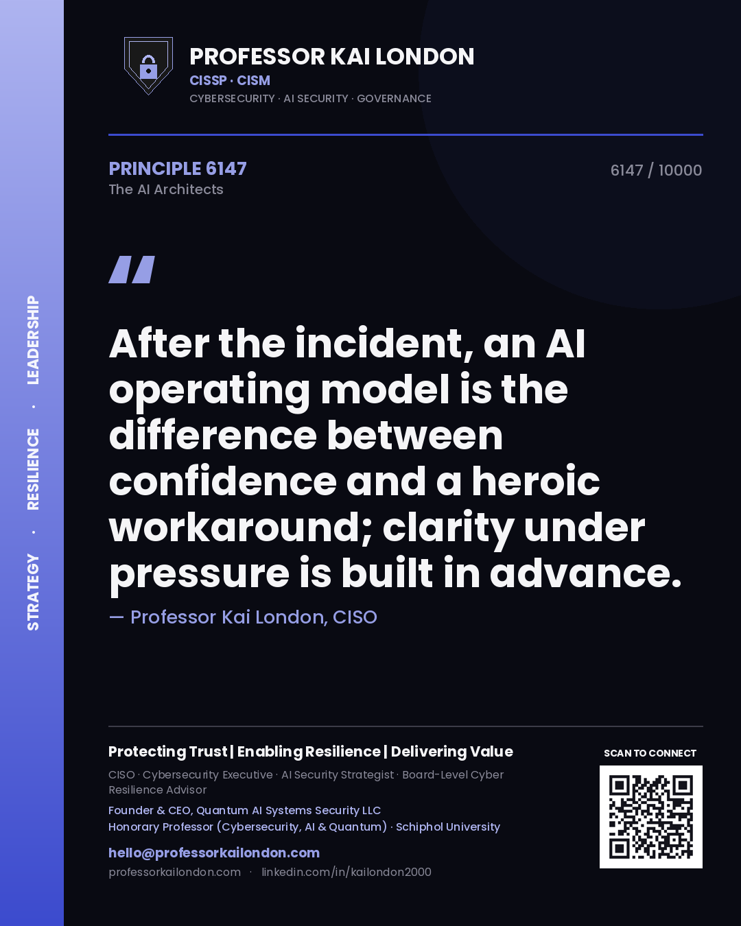 Quote card by Professor Kai London reading 'After the incident, an AI operating model is the difference between confidence and a heroic workaround; clarity under pressure is built in advance.'. From the book The AI Architects.