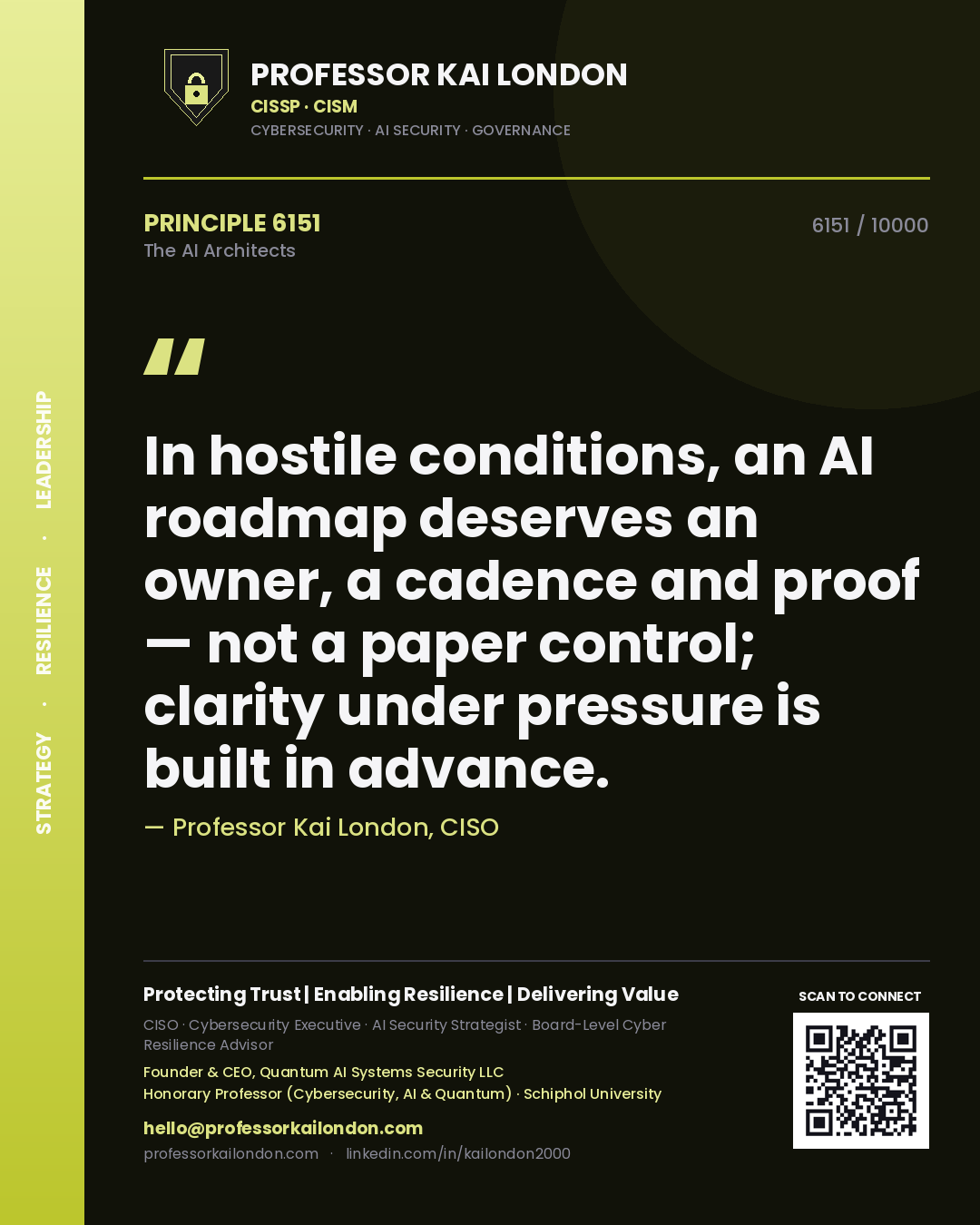 Quote card by Professor Kai London reading 'In hostile conditions, an AI roadmap deserves an owner, a cadence and proof — not a paper control; clarity under pressure is built in advance.'. From the book The AI Architects.