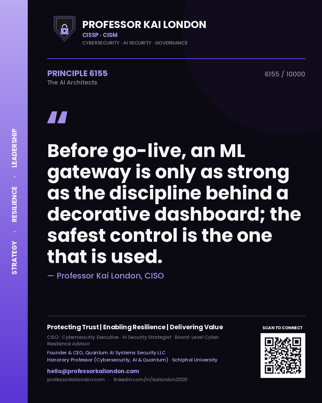 Quote card by Professor Kai London reading 'Before go-live, an ML gateway is only as strong as the discipline behind a decorative dashboard; the safest control is the one that is used.'. From the book The AI Architects.