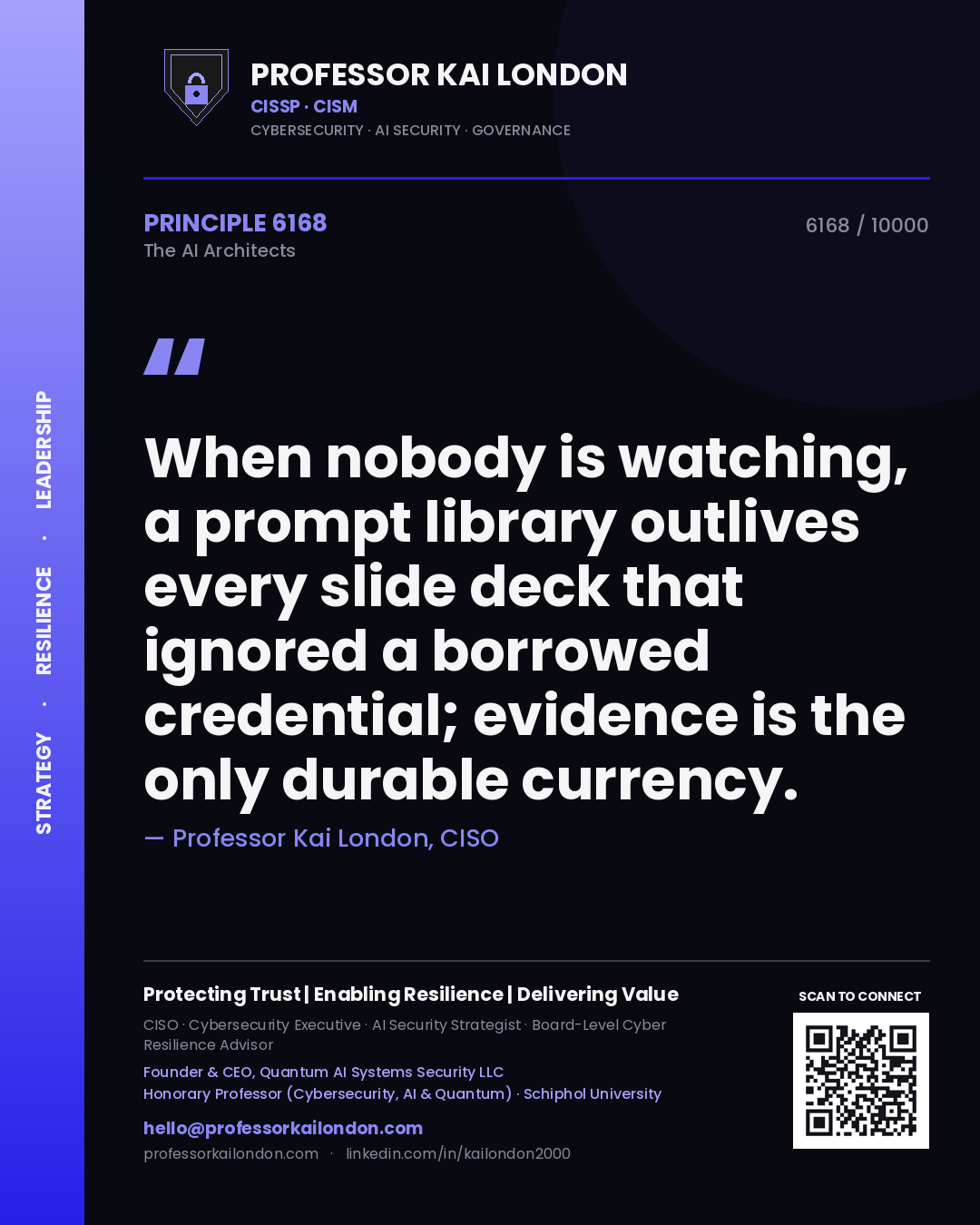 Quote card by Professor Kai London reading 'When nobody is watching, a prompt library outlives every slide deck that ignored a borrowed credential; evidence is the only durable currency.'. From the book The AI Architects.