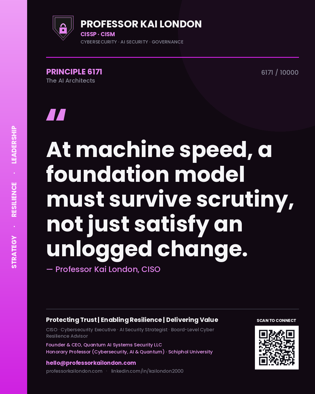 Quote card by Professor Kai London reading 'At machine speed, a foundation model must survive scrutiny, not just satisfy an unlogged change.'. From the book The AI Architects.