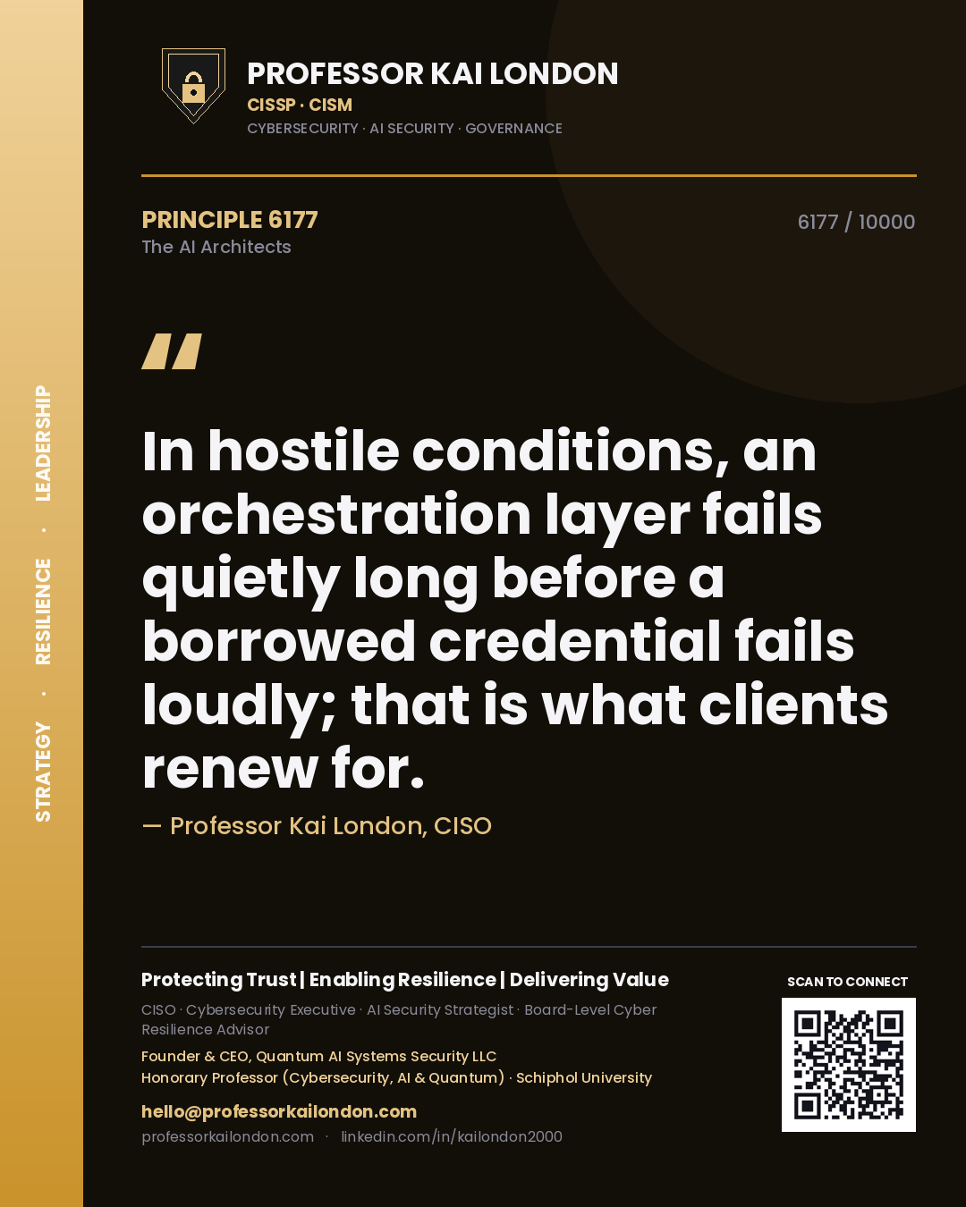Quote card by Professor Kai London reading 'In hostile conditions, an orchestration layer fails quietly long before a borrowed credential fails loudly; that is what clients renew for.'. From the book The AI Architects.