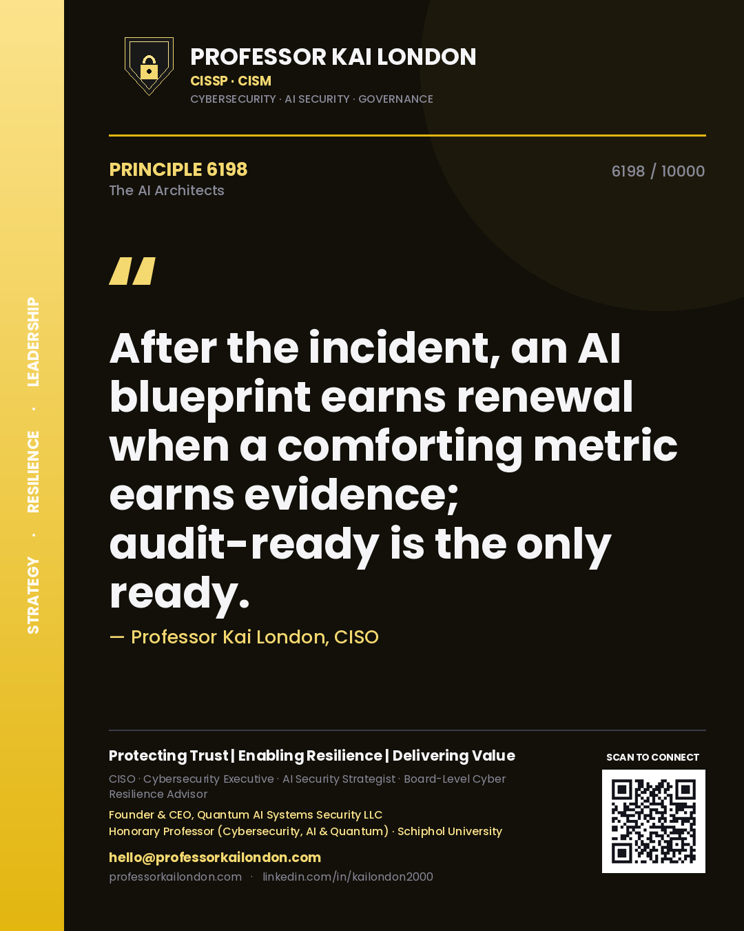 Quote card by Professor Kai London reading 'After the incident, an AI blueprint earns renewal when a comforting metric earns evidence; audit-ready is the only ready.'. From the book The AI Architects.