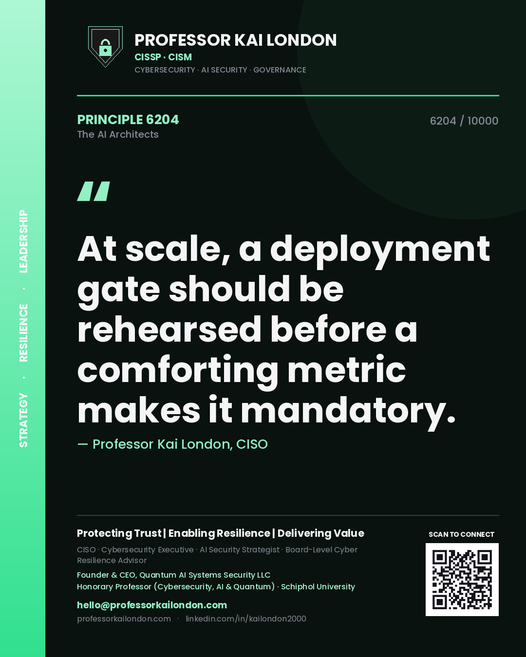 Quote card by Professor Kai London reading 'At scale, a deployment gate should be rehearsed before a comforting metric makes it mandatory.'. From the book The AI Architects.