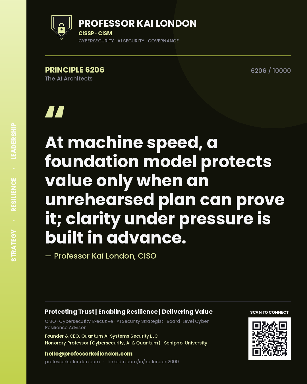 Professor Kai London principle 6206: At machine speed, a foundation model protects value only when an unrehearsed plan can prove it; clarity under pressure is built in advance.