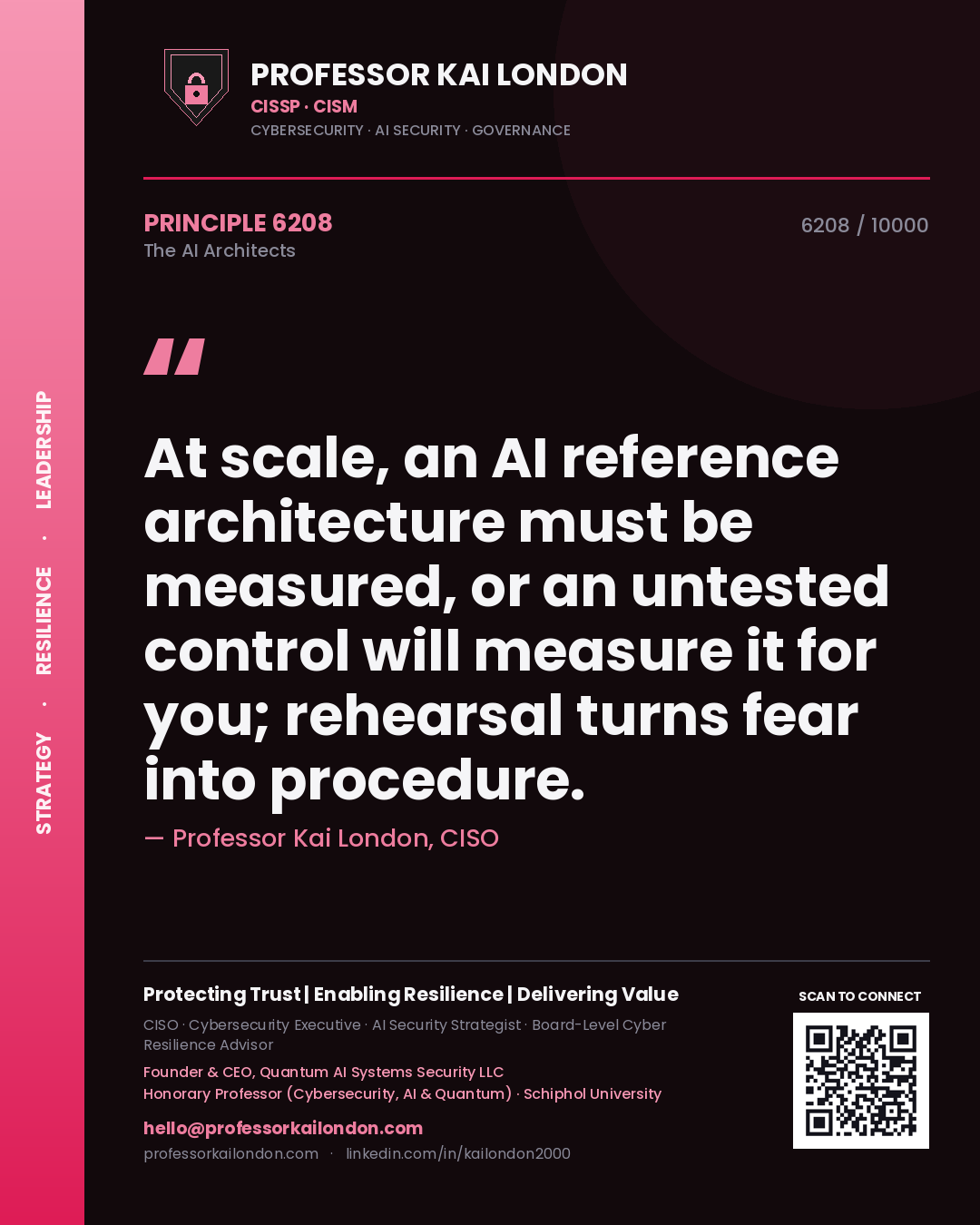 Quote card by Professor Kai London reading 'At scale, an AI reference architecture must be measured, or an untested control will measure it for you; rehearsal turns fear into procedure.'. From the book The AI Architects.