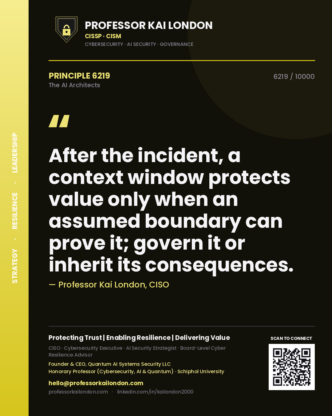 Quote card by Professor Kai London reading 'After the incident, a context window protects value only when an assumed boundary can prove it; govern it or inherit its consequences.'. From the book The AI Architects.