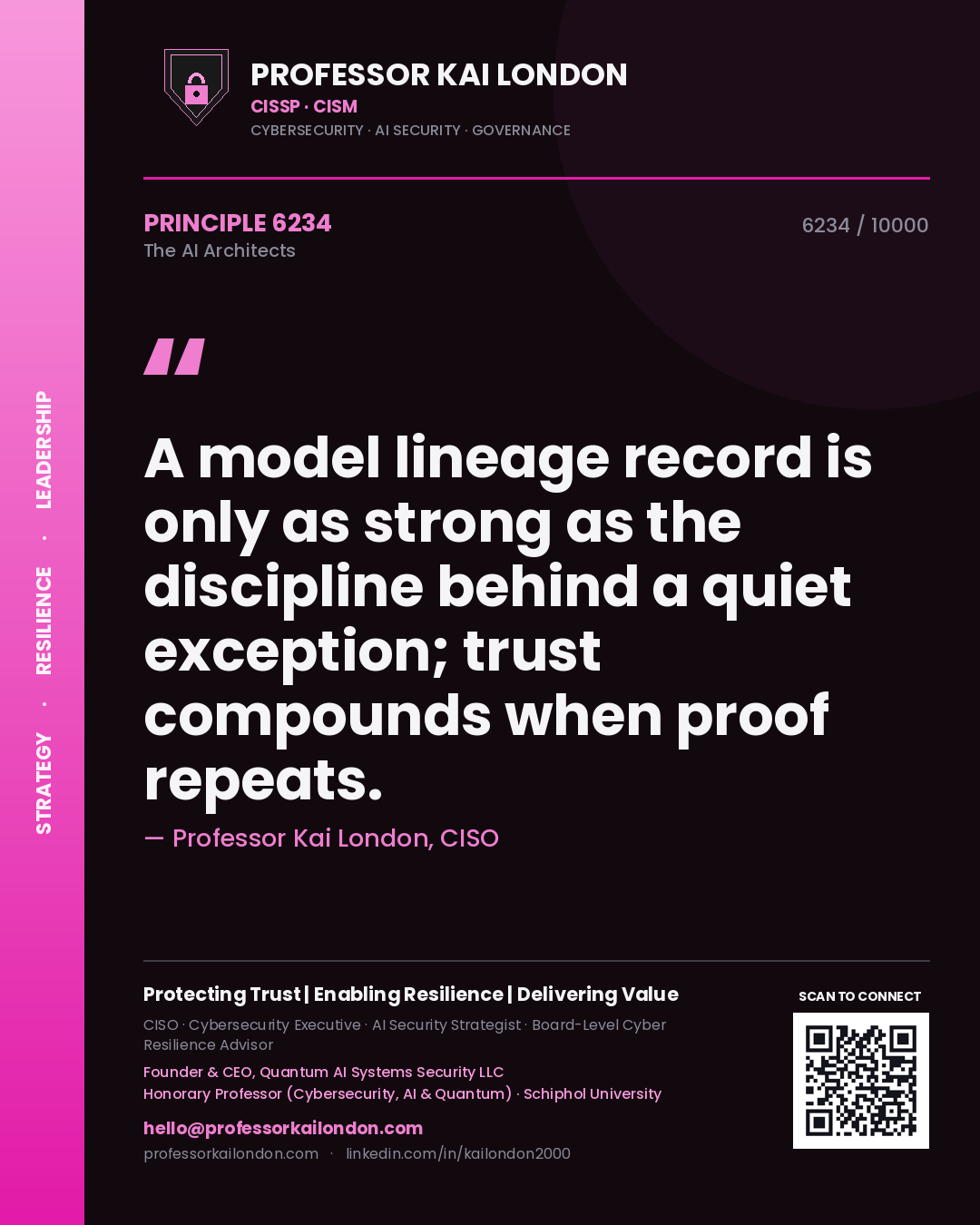 Quote card by Professor Kai London reading 'A model lineage record is only as strong as the discipline behind a quiet exception; trust compounds when proof repeats.'. From the book The AI Architects.