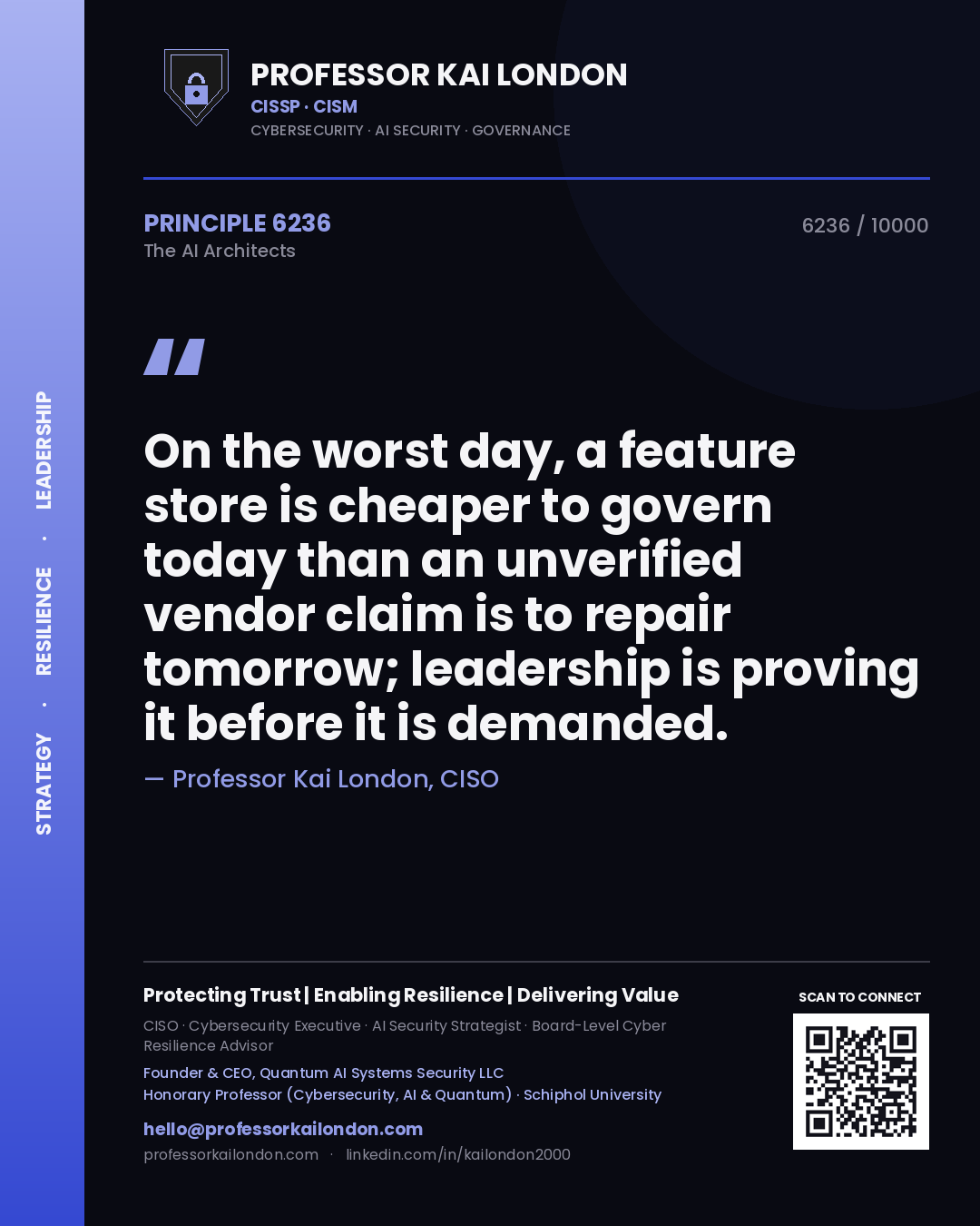 Quote card by Professor Kai London reading 'On the worst day, a feature store is cheaper to govern today than an unverified vendor claim is to repair tomorrow; leadership is proving it before it is demanded.'. From the book The AI Architects.