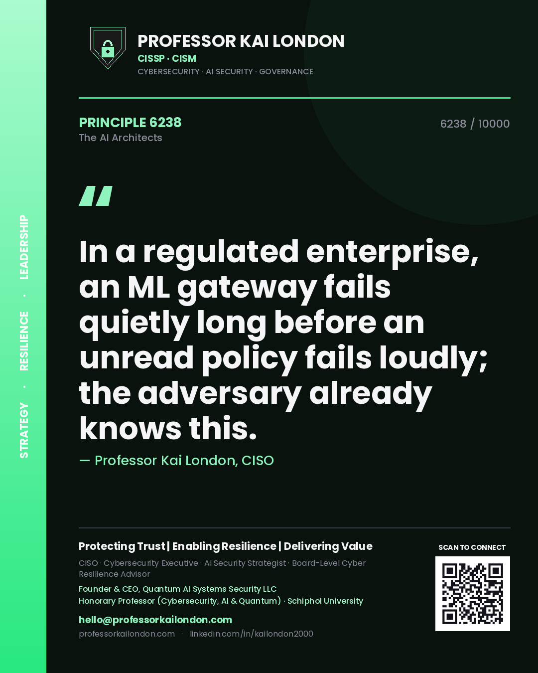 Professor Kai London principle 6238: In a regulated enterprise, an ML gateway fails quietly long before an unread policy fails loudly; the adversary already knows this.