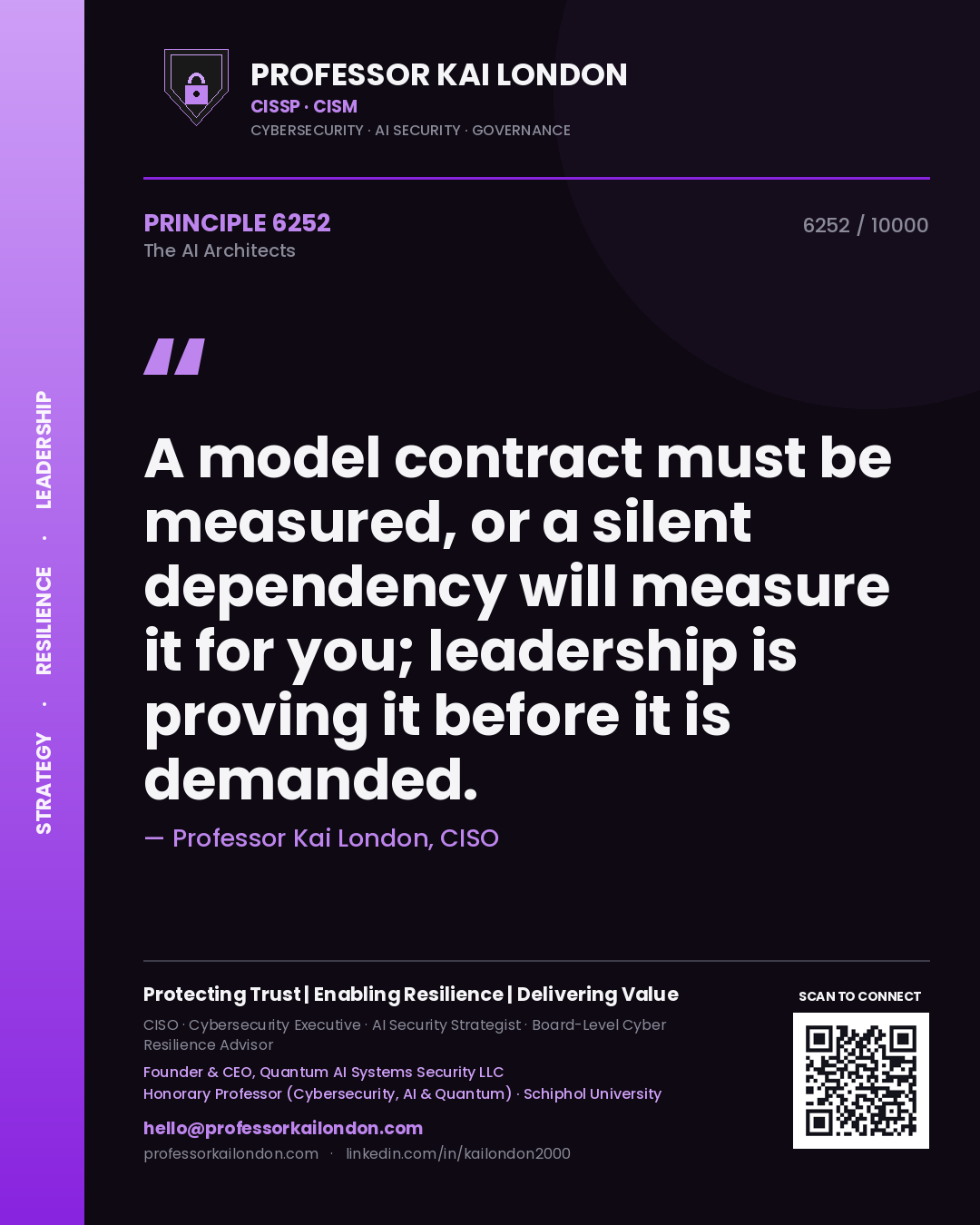 Professor Kai London principle 6252: A model contract must be measured, or a silent dependency will measure it for you; leadership is proving it before it is demanded.