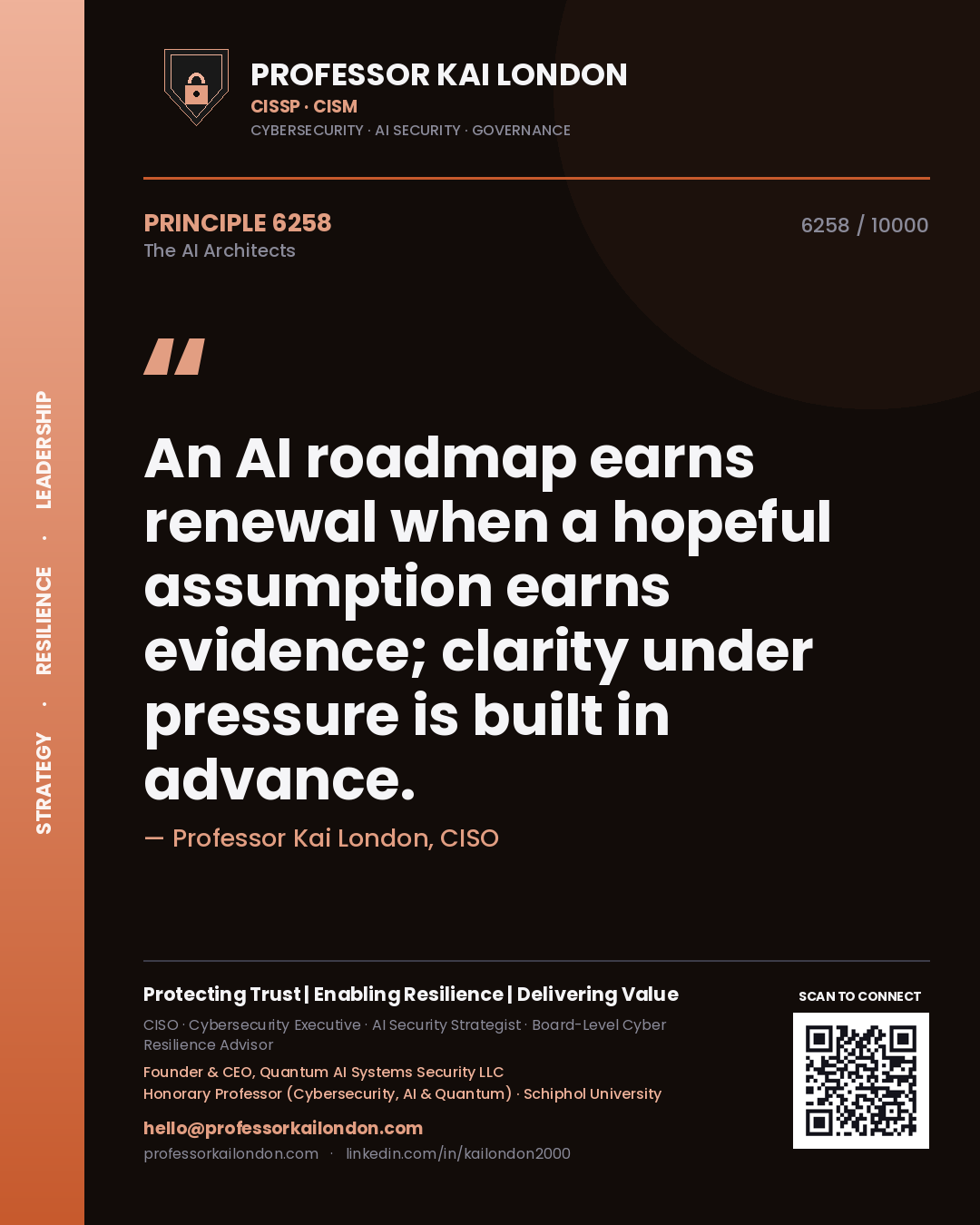Quote card by Professor Kai London reading 'An AI roadmap earns renewal when a hopeful assumption earns evidence; clarity under pressure is built in advance.'. From the book The AI Architects.