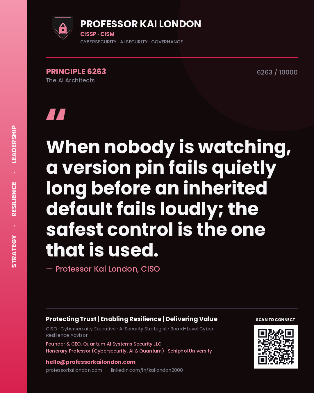 Professor Kai London principle 6263: When nobody is watching, a version pin fails quietly long before an inherited default fails loudly; the safest control is the one that is used.