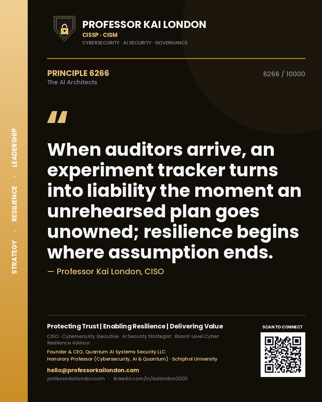 Professor Kai London principle 6266: When auditors arrive, an experiment tracker turns into liability the moment an unrehearsed plan goes unowned; resilience begins where assumption ends.