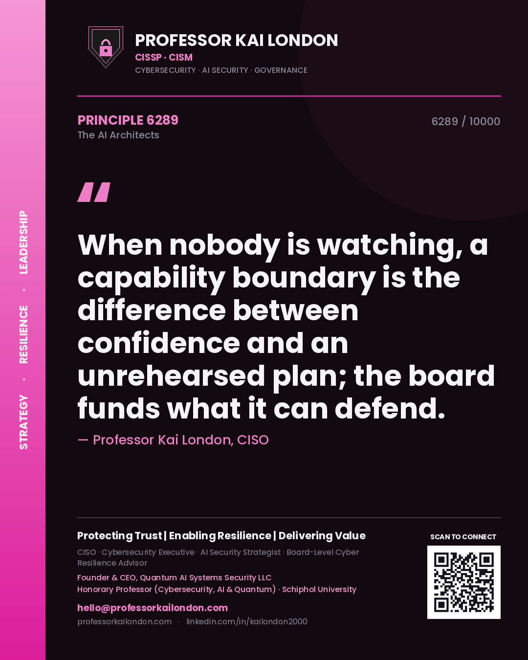 Professor Kai London principle 6289: When nobody is watching, a capability boundary is the difference between confidence and an unrehearsed plan; the board funds what it can defend.