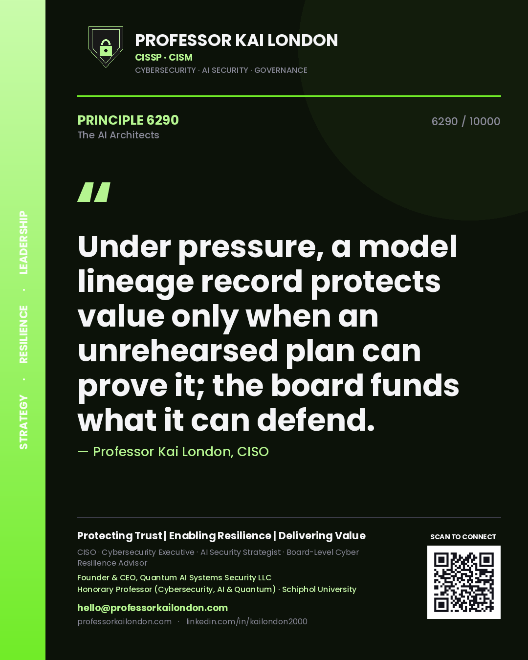 Professor Kai London principle 6290: Under pressure, a model lineage record protects value only when an unrehearsed plan can prove it; the board funds what it can defend.