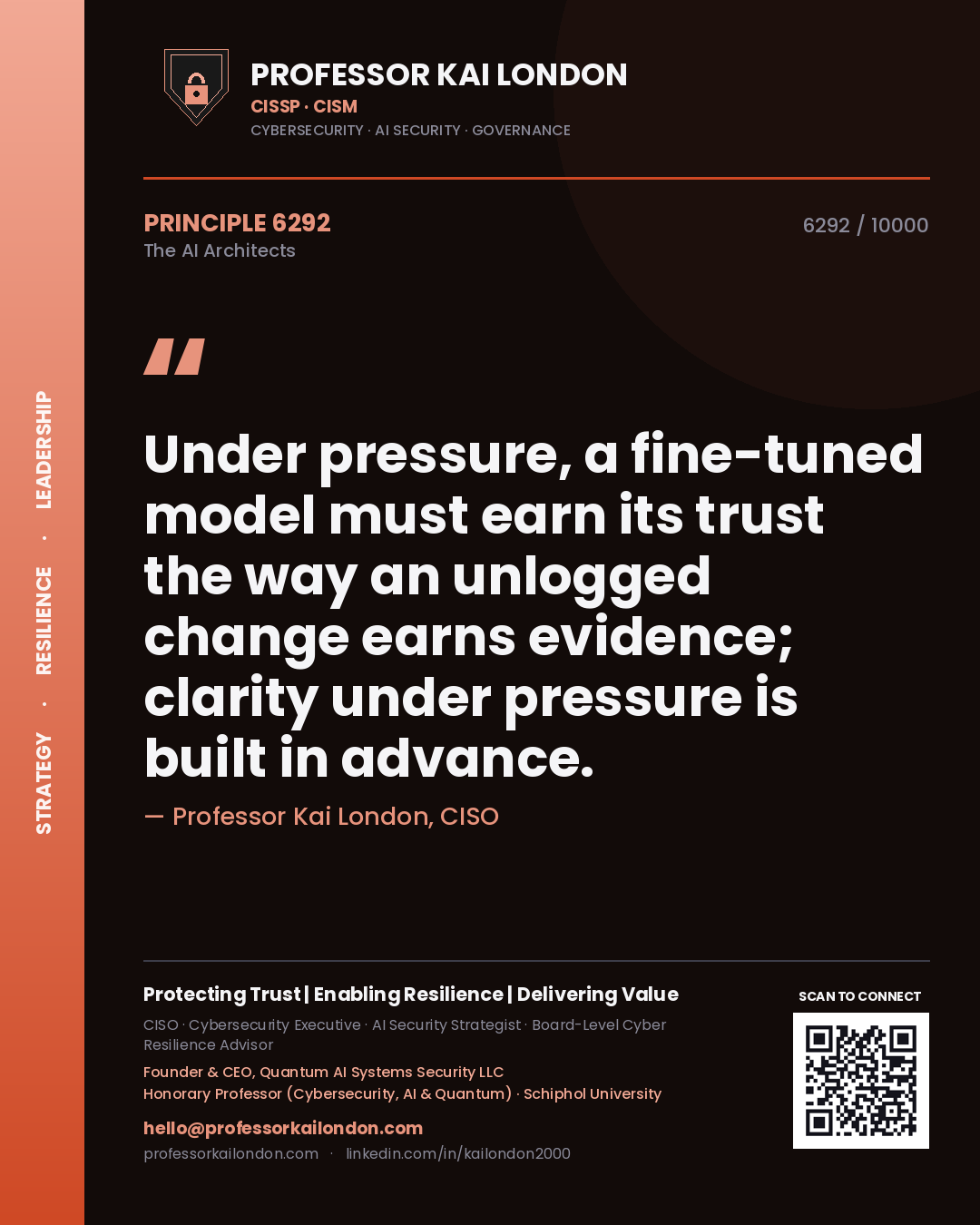 Professor Kai London principle 6292: Under pressure, a fine-tuned model must earn its trust the way an unlogged change earns evidence; clarity under pressure is built in advance.