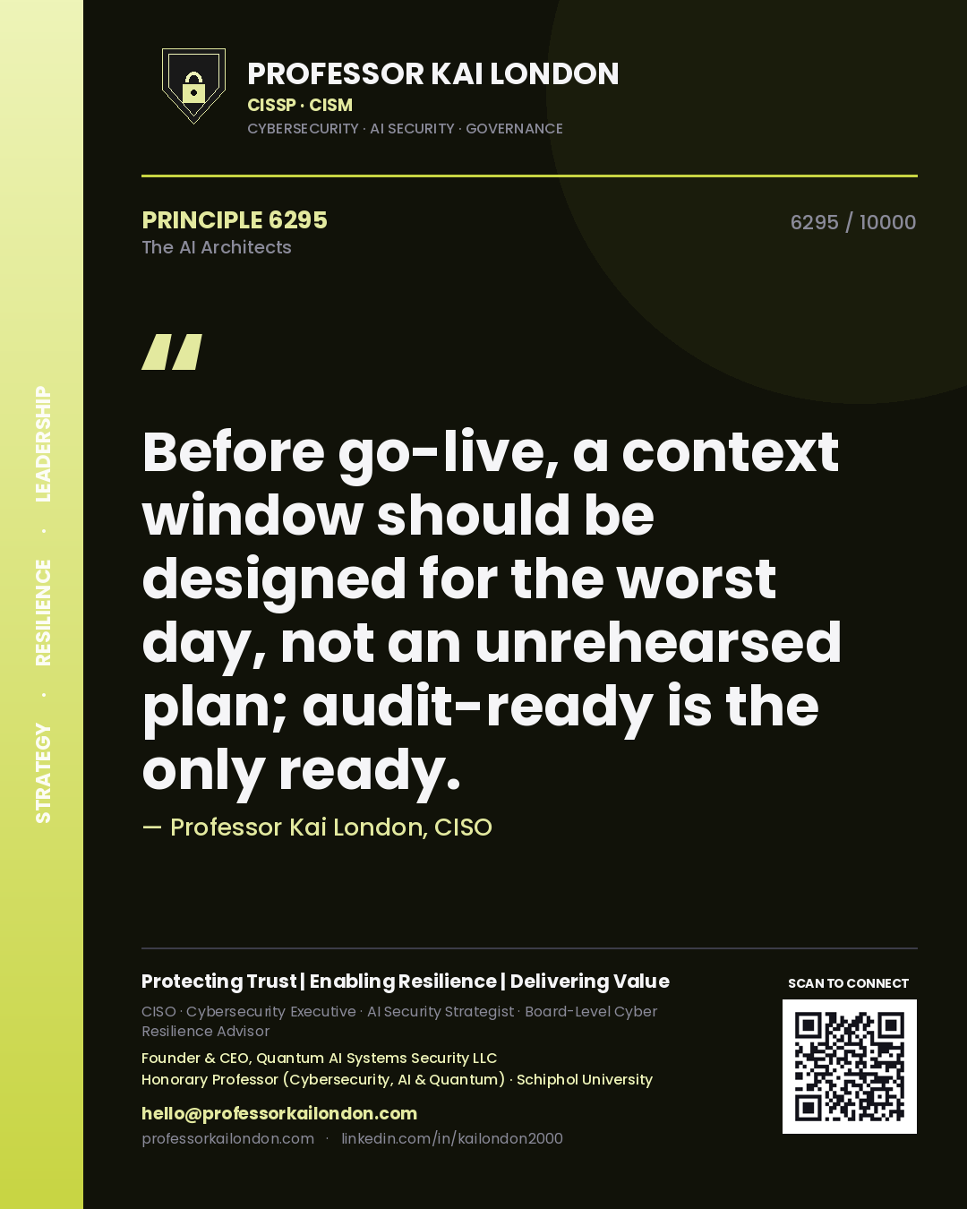 Quote card by Professor Kai London reading 'Before go-live, a context window should be designed for the worst day, not an unrehearsed plan; audit-ready is the only ready.'. From the book The AI Architects.