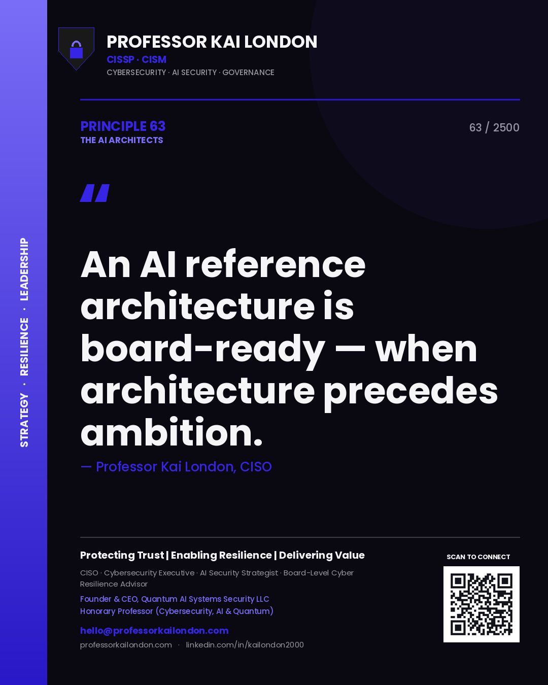 Quote card by Professor Kai London reading 'An AI reference architecture is board-ready — when architecture precedes ambition.'. From the book The AI Architects.