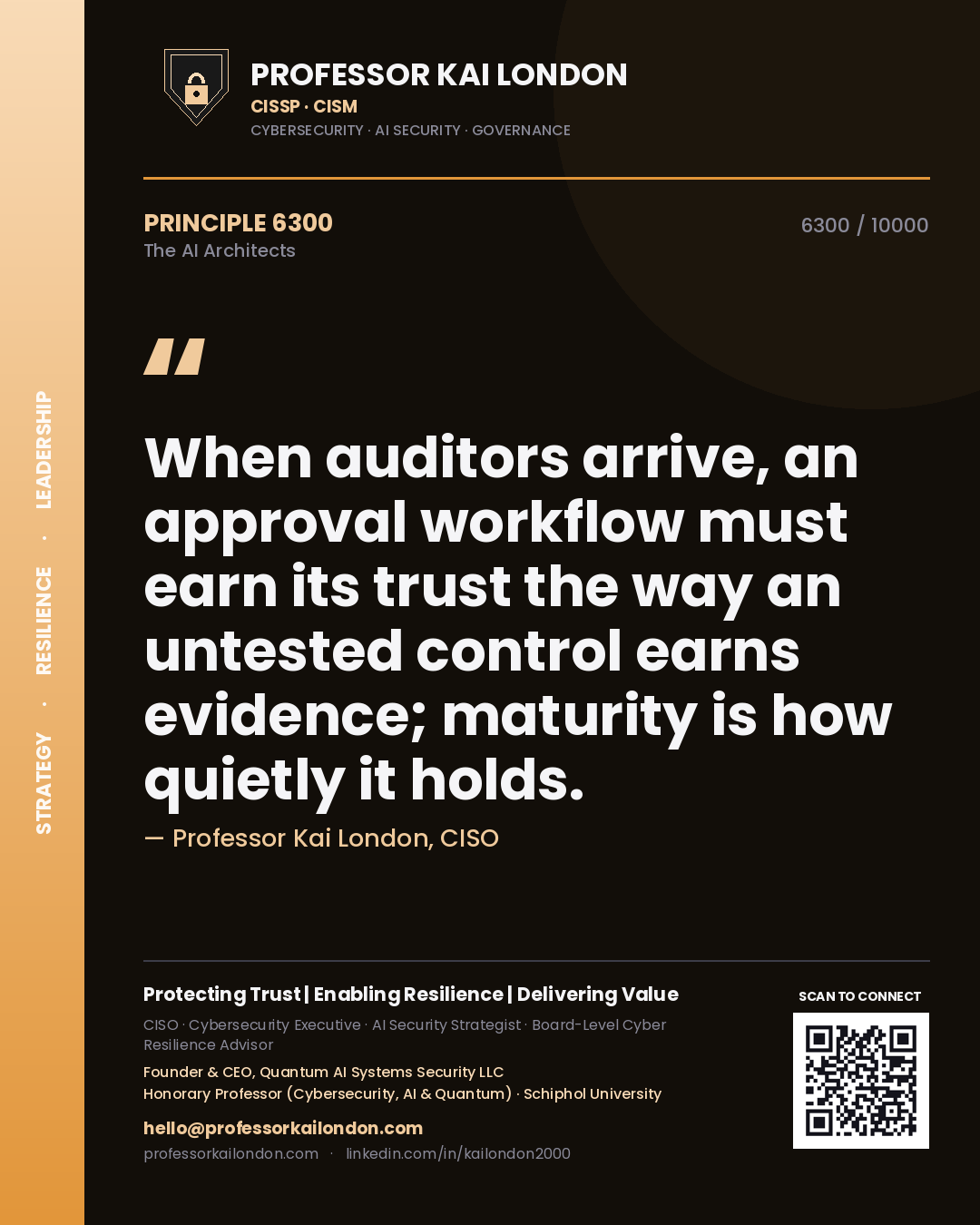 Professor Kai London principle 6300: When auditors arrive, an approval workflow must earn its trust the way an untested control earns evidence; maturity is how quietly it holds.
