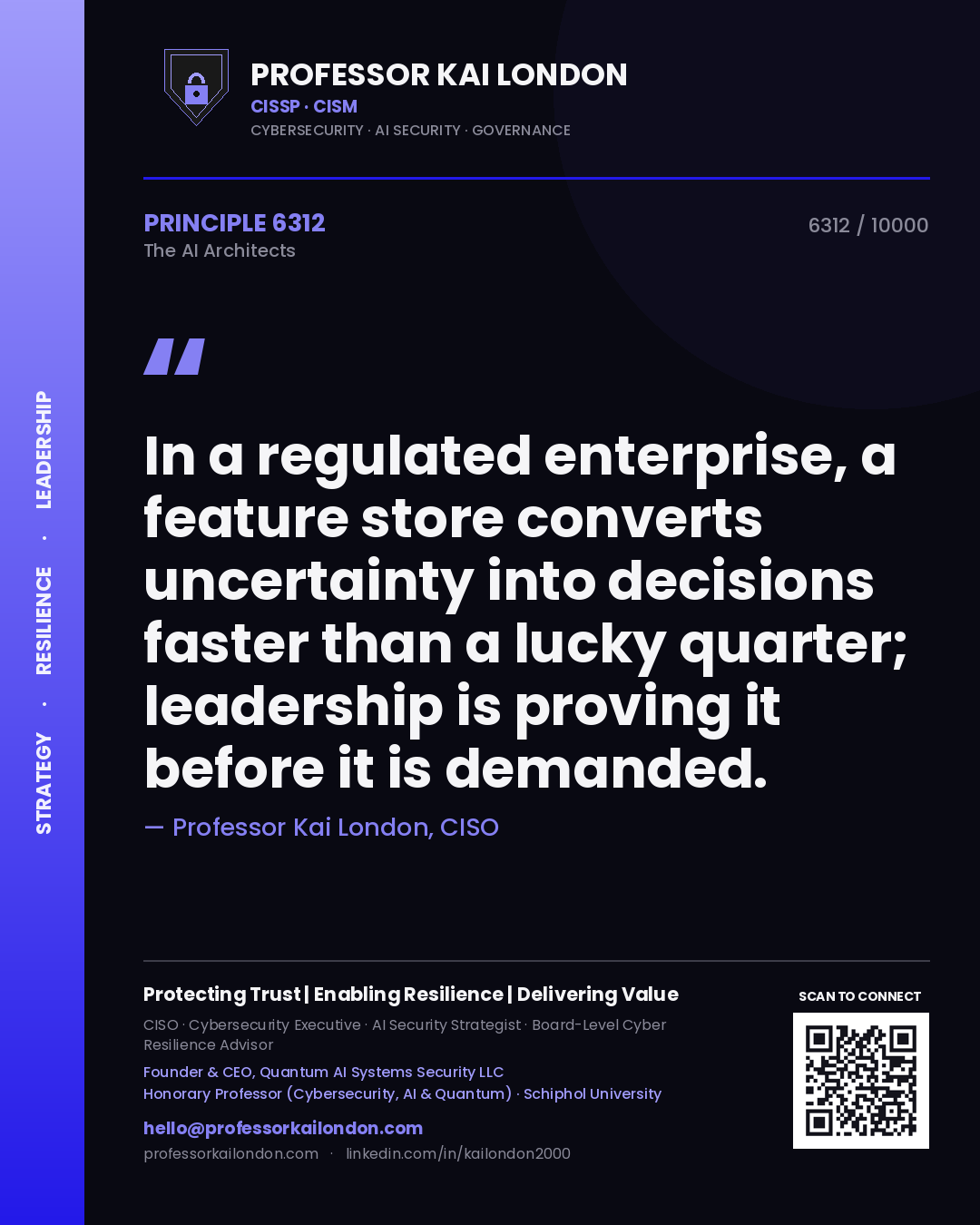 Quote card by Professor Kai London reading 'In a regulated enterprise, a feature store converts uncertainty into decisions faster than a lucky quarter; leadership is proving it before it is demanded.'. From the book The AI Architects.
