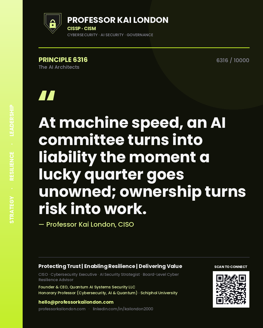 Professor Kai London principle 6316: At machine speed, an AI committee turns into liability the moment a lucky quarter goes unowned; ownership turns risk into work.