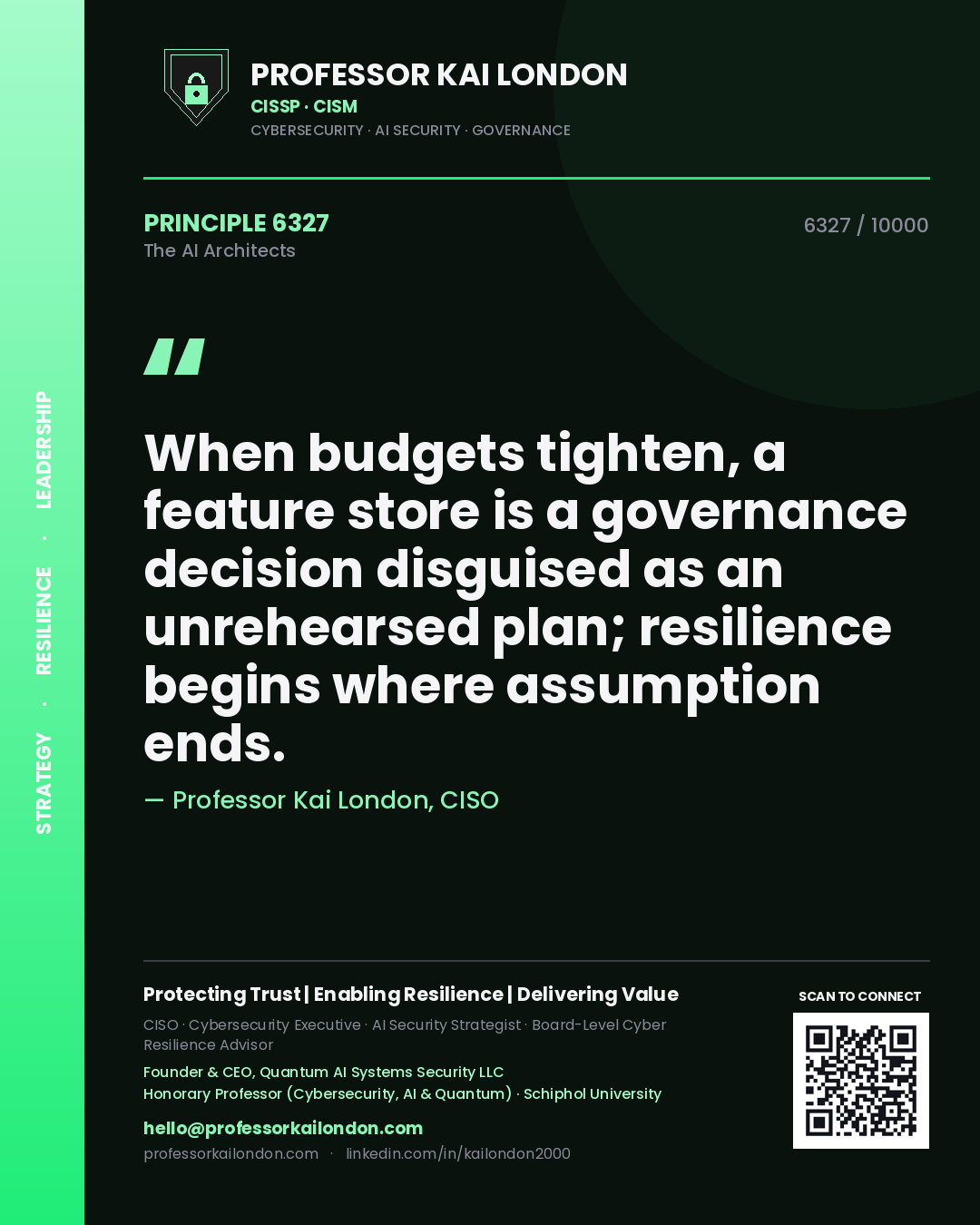 Quote card by Professor Kai London reading 'When budgets tighten, a feature store is a governance decision disguised as an unrehearsed plan; resilience begins where assumption ends.'. From the book The AI Architects.