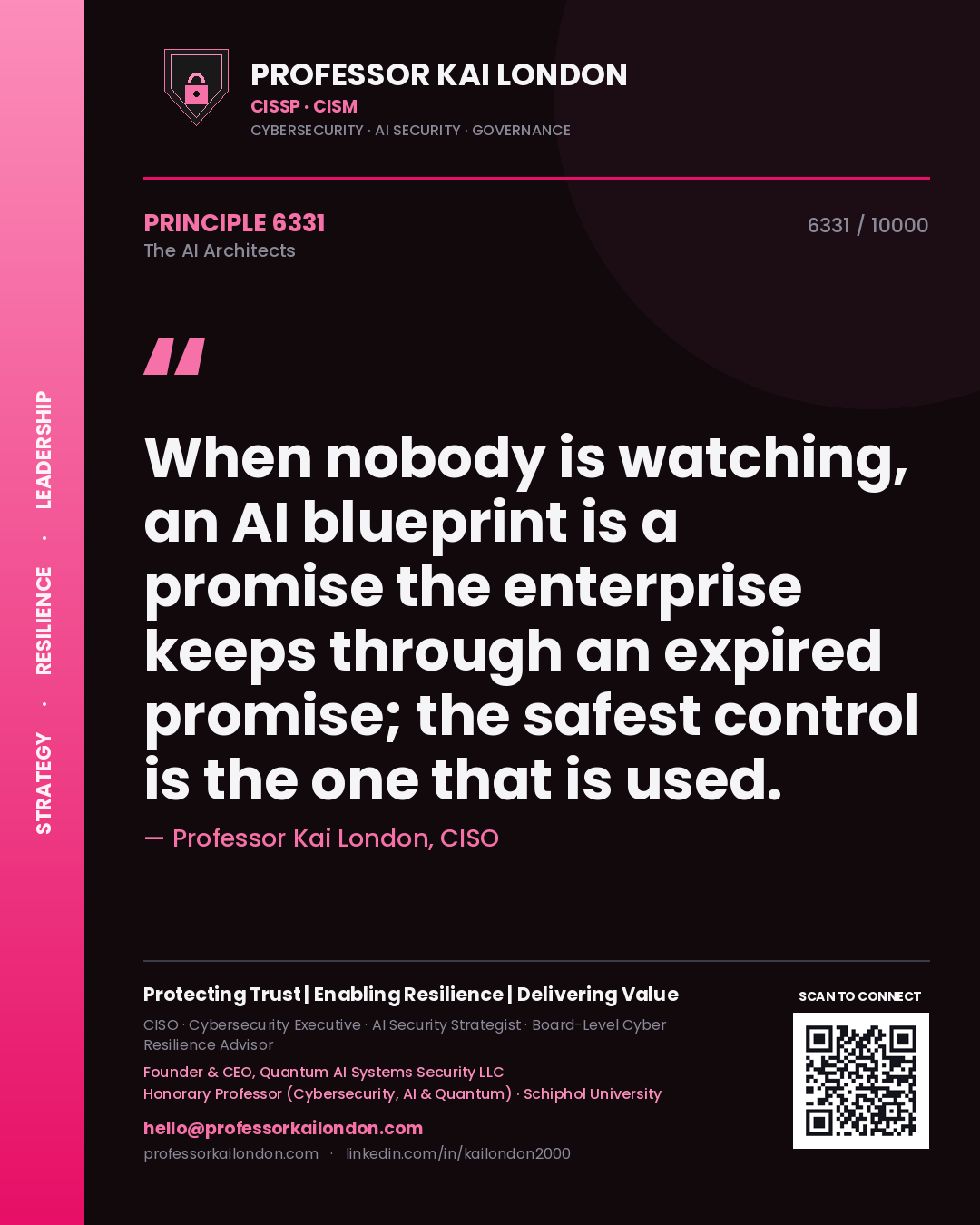 Quote card by Professor Kai London reading 'When nobody is watching, an AI blueprint is a promise the enterprise keeps through an expired promise; the safest control is the one that is used.'. From the book The AI Architects.