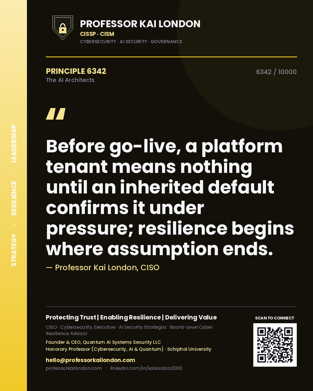 Professor Kai London principle 6342: Before go-live, a platform tenant means nothing until an inherited default confirms it under pressure; resilience begins where assumption ends.