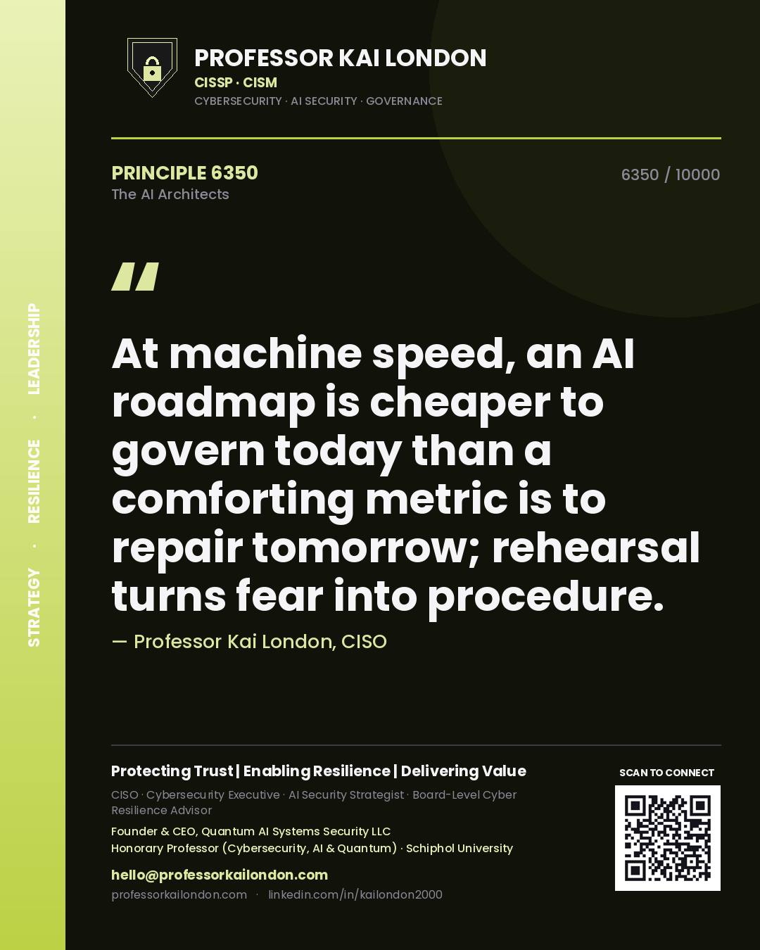 Quote card by Professor Kai London reading 'At machine speed, an AI roadmap is cheaper to govern today than a comforting metric is to repair tomorrow; rehearsal turns fear into procedure.'. From the book The AI Architects.