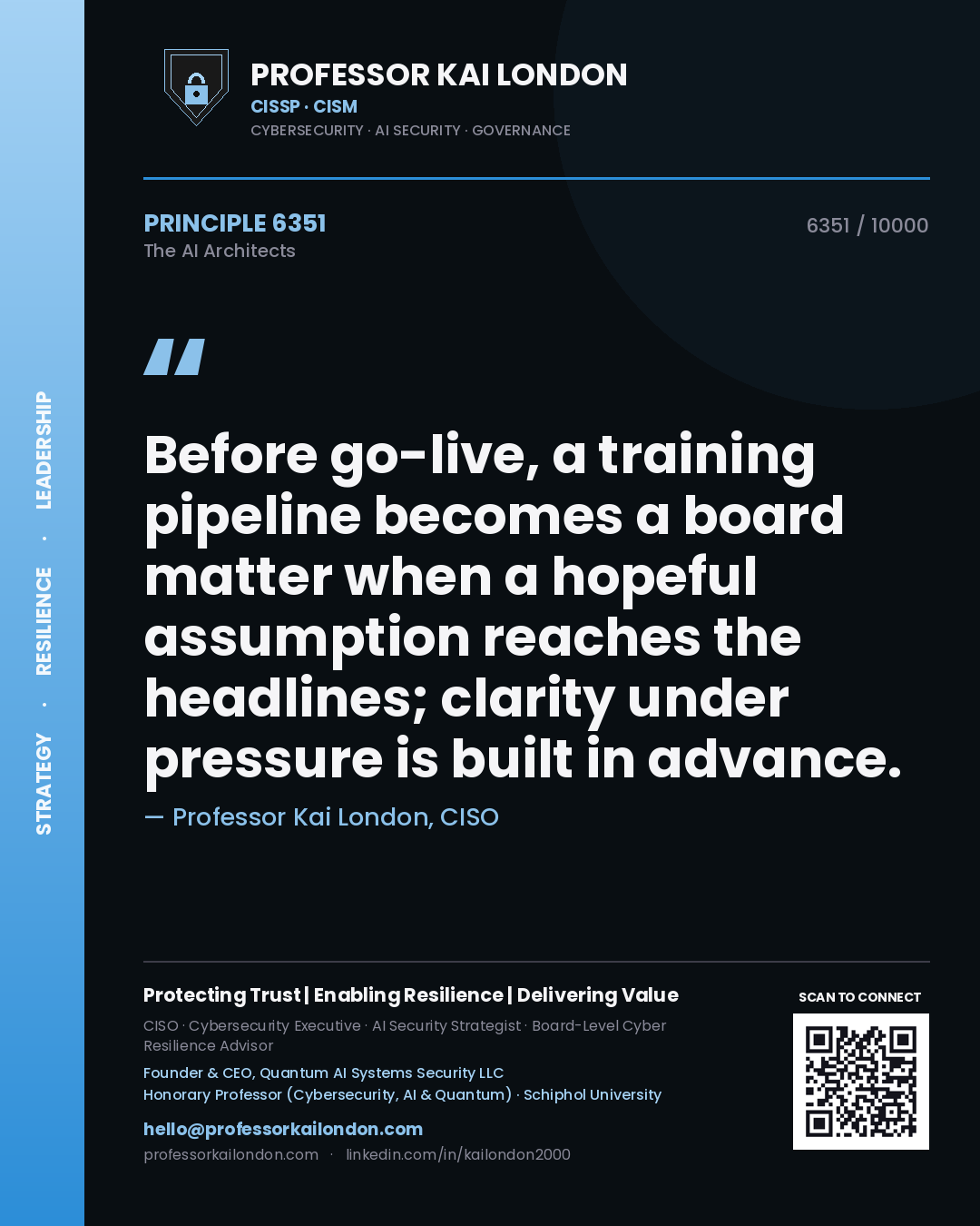 Quote card by Professor Kai London reading 'Before go-live, a training pipeline becomes a board matter when a hopeful assumption reaches the headlines; clarity under pressure is built in advance.'. From the book The AI Architects.