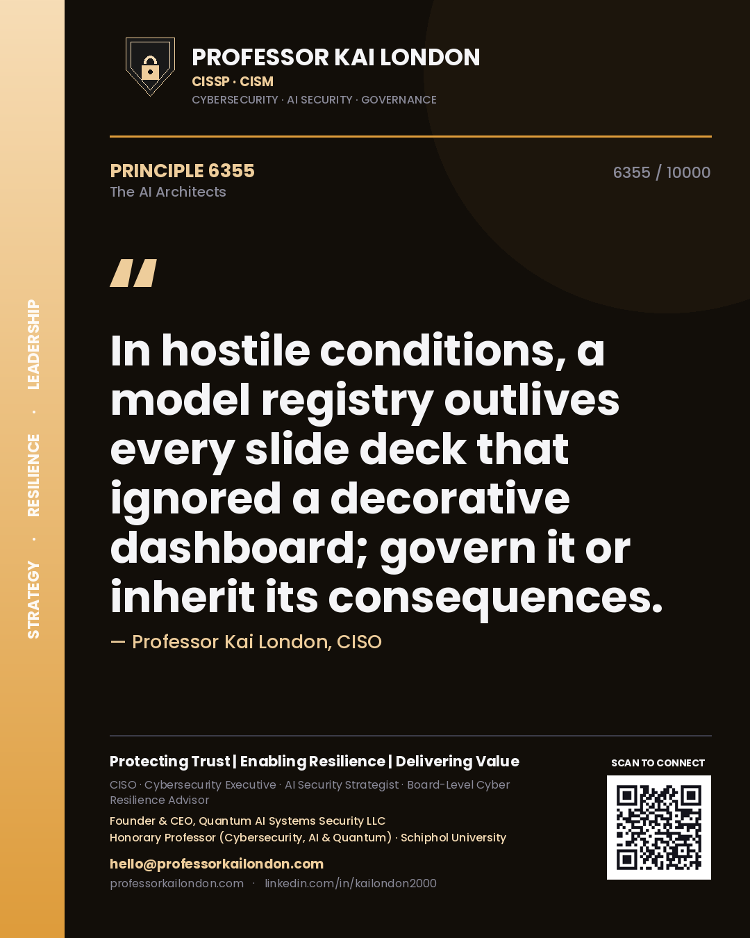 Quote card by Professor Kai London reading 'In hostile conditions, a model registry outlives every slide deck that ignored a decorative dashboard; govern it or inherit its consequences.'. From the book The AI Architects.