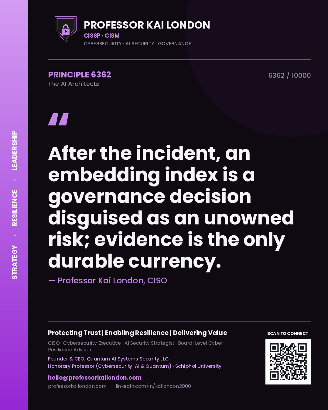 Professor Kai London principle 6362: After the incident, an embedding index is a governance decision disguised as an unowned risk; evidence is the only durable currency.