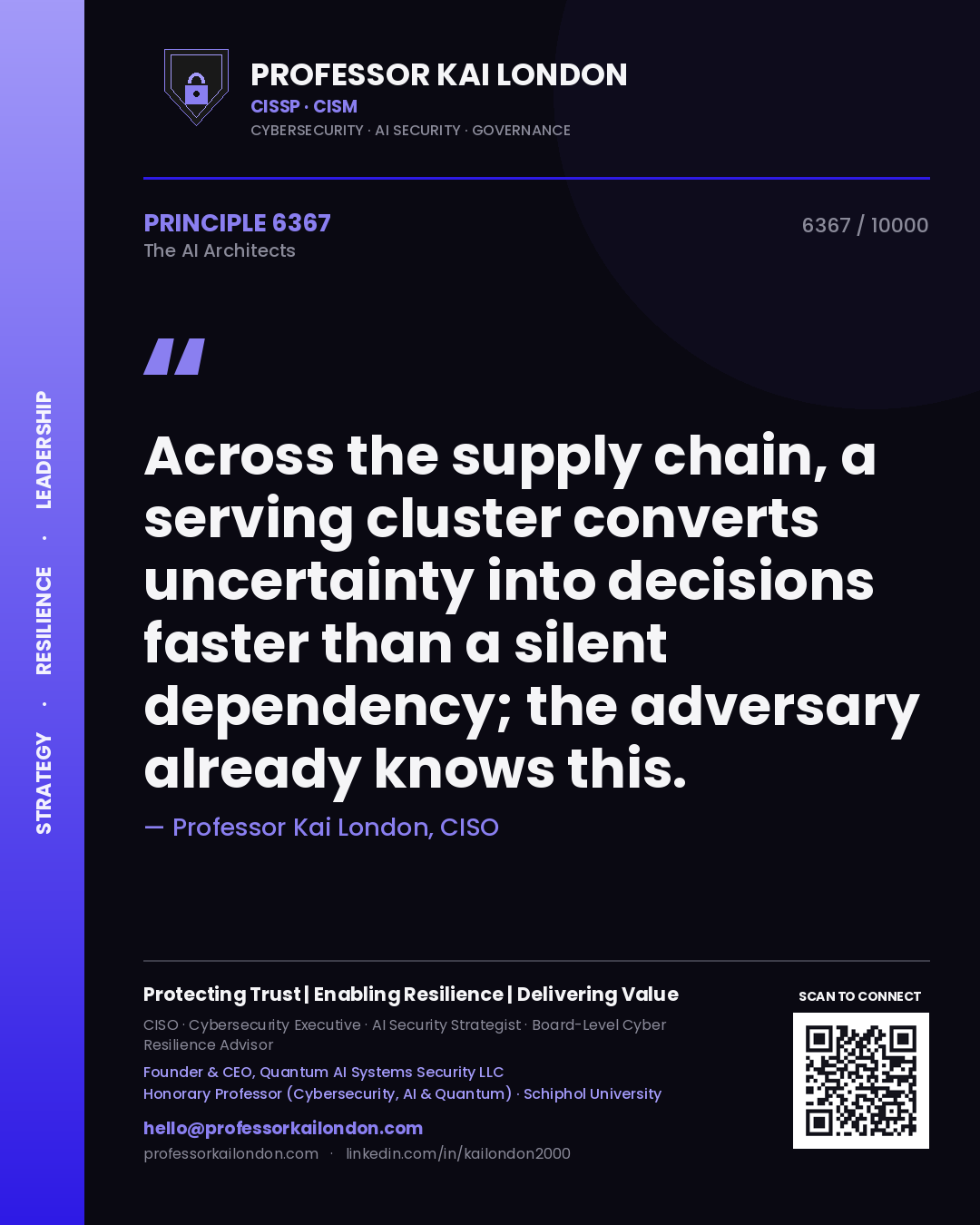 Quote card by Professor Kai London reading 'Across the supply chain, a serving cluster converts uncertainty into decisions faster than a silent dependency; the adversary already knows this.'. From the book The AI Architects.