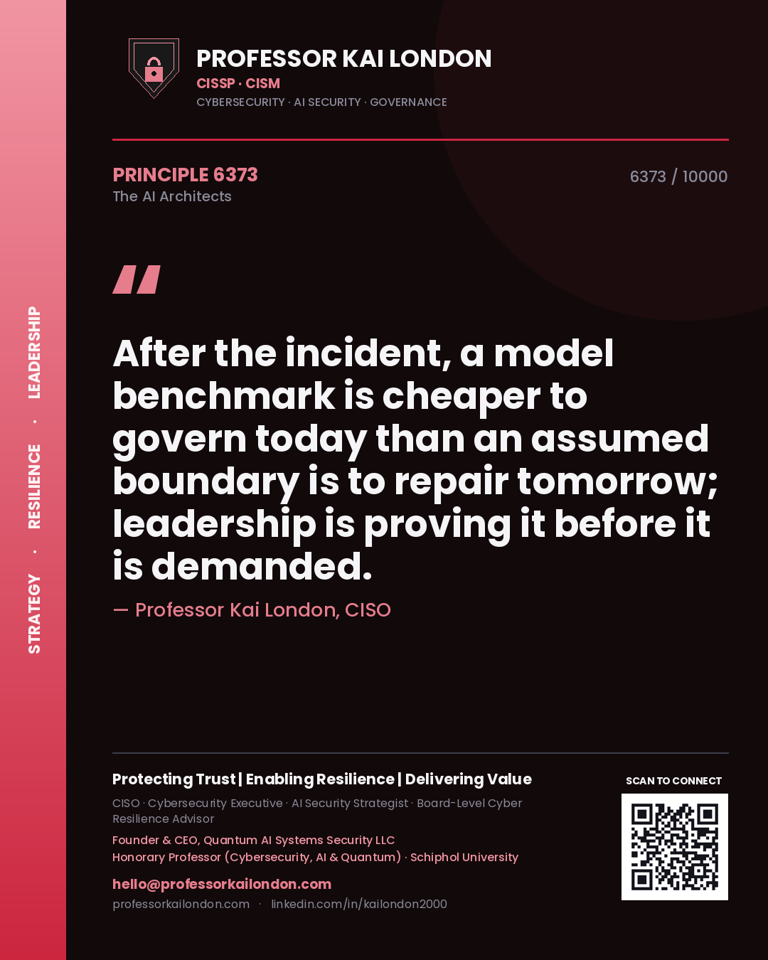 Professor Kai London principle 6373: After the incident, a model benchmark is cheaper to govern today than an assumed boundary is to repair tomorrow; leadership is proving it before it is demanded.