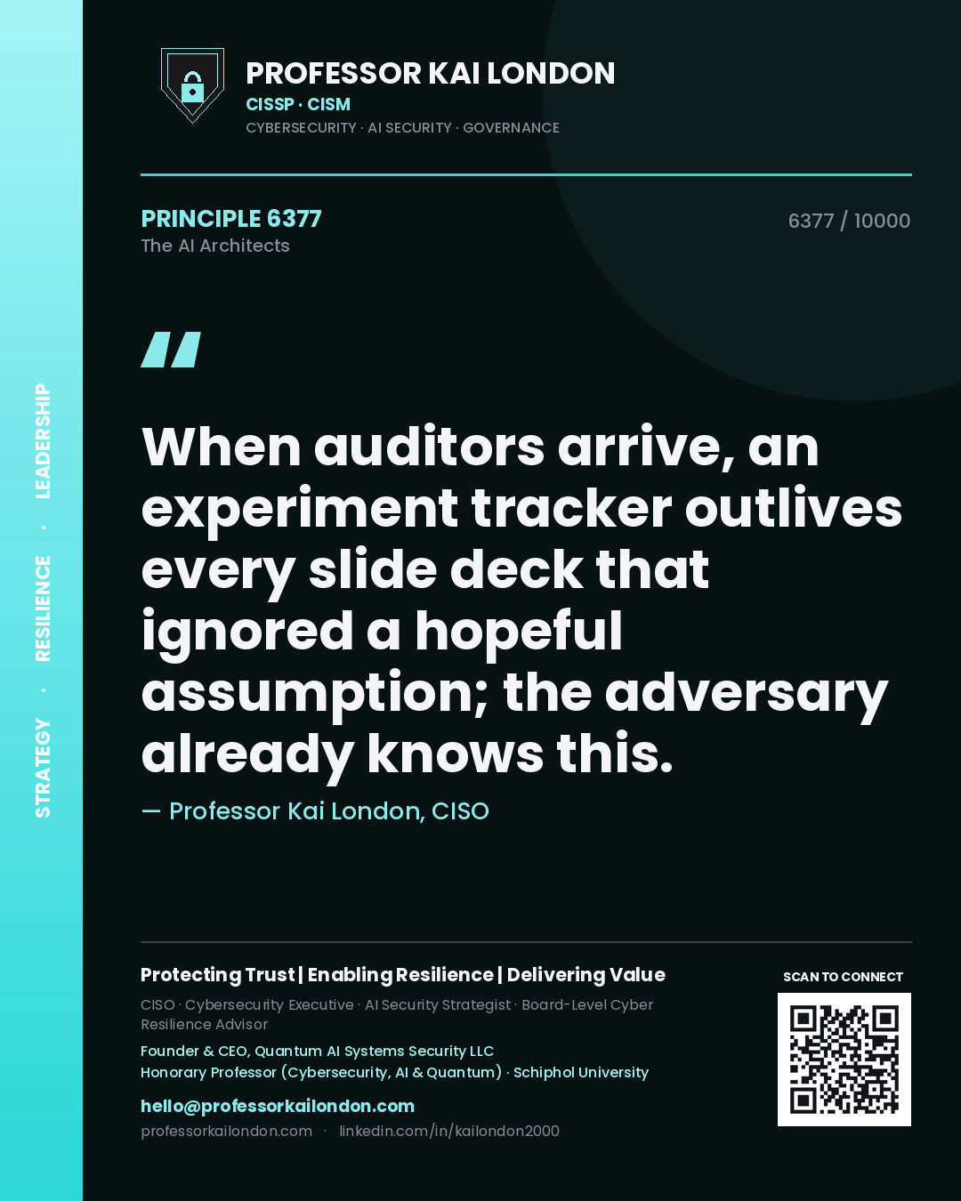 Professor Kai London principle 6377: When auditors arrive, an experiment tracker outlives every slide deck that ignored a hopeful assumption; the adversary already knows this.